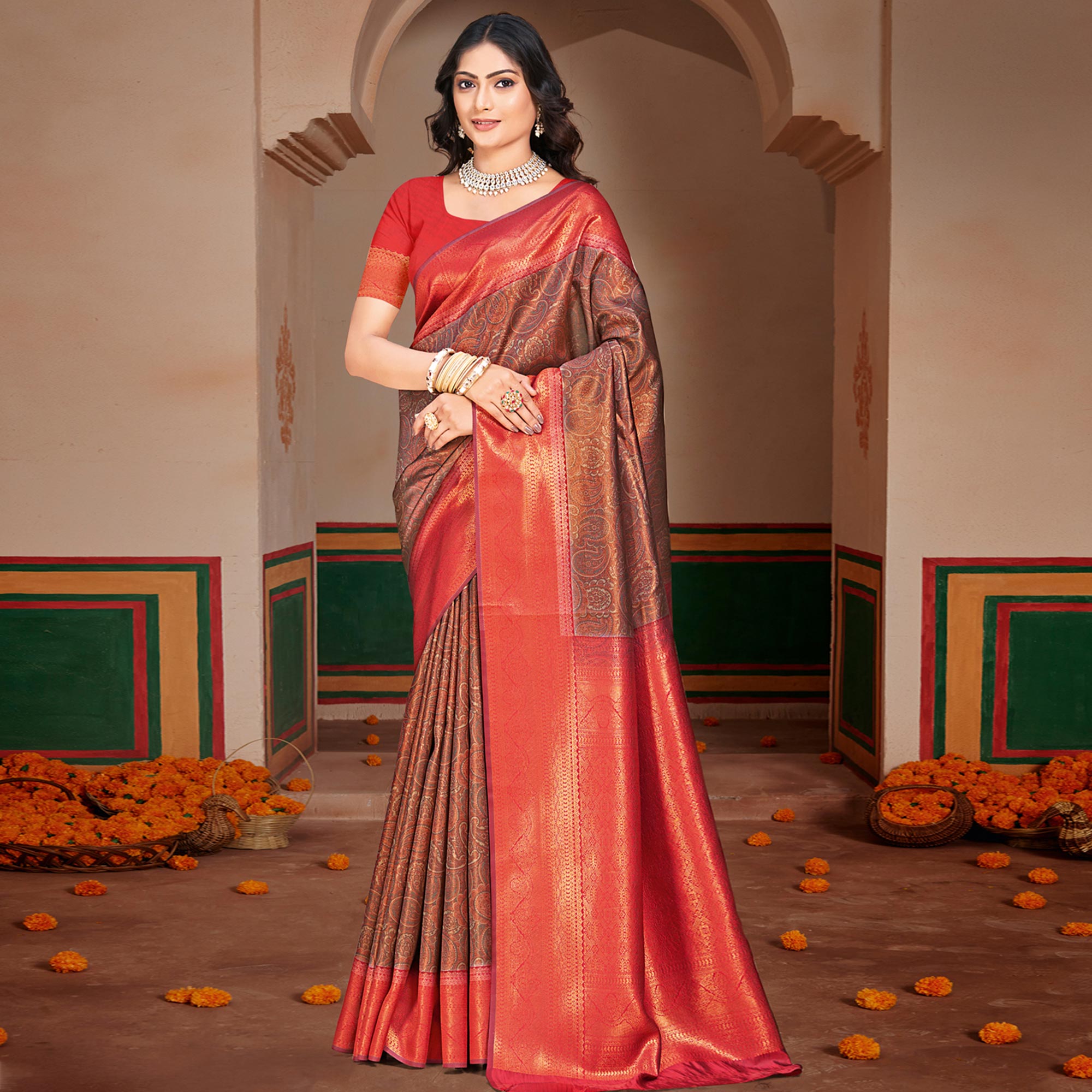 Brown & Red Woven Vichitra Silk Saree With Tassels