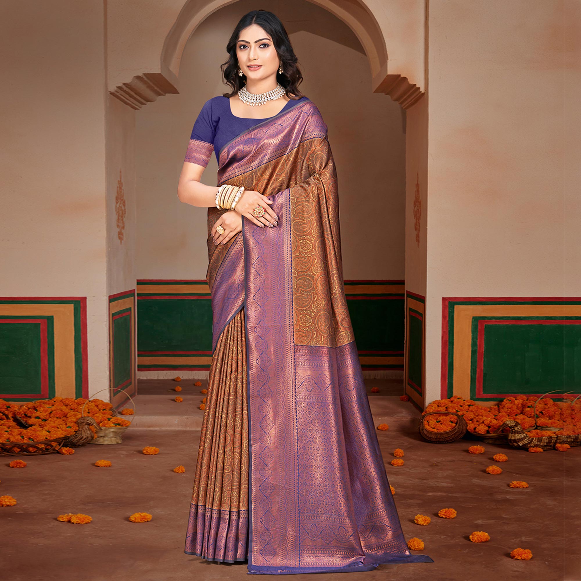 Brown & Violet Woven Vichitra Silk Saree With Tassels