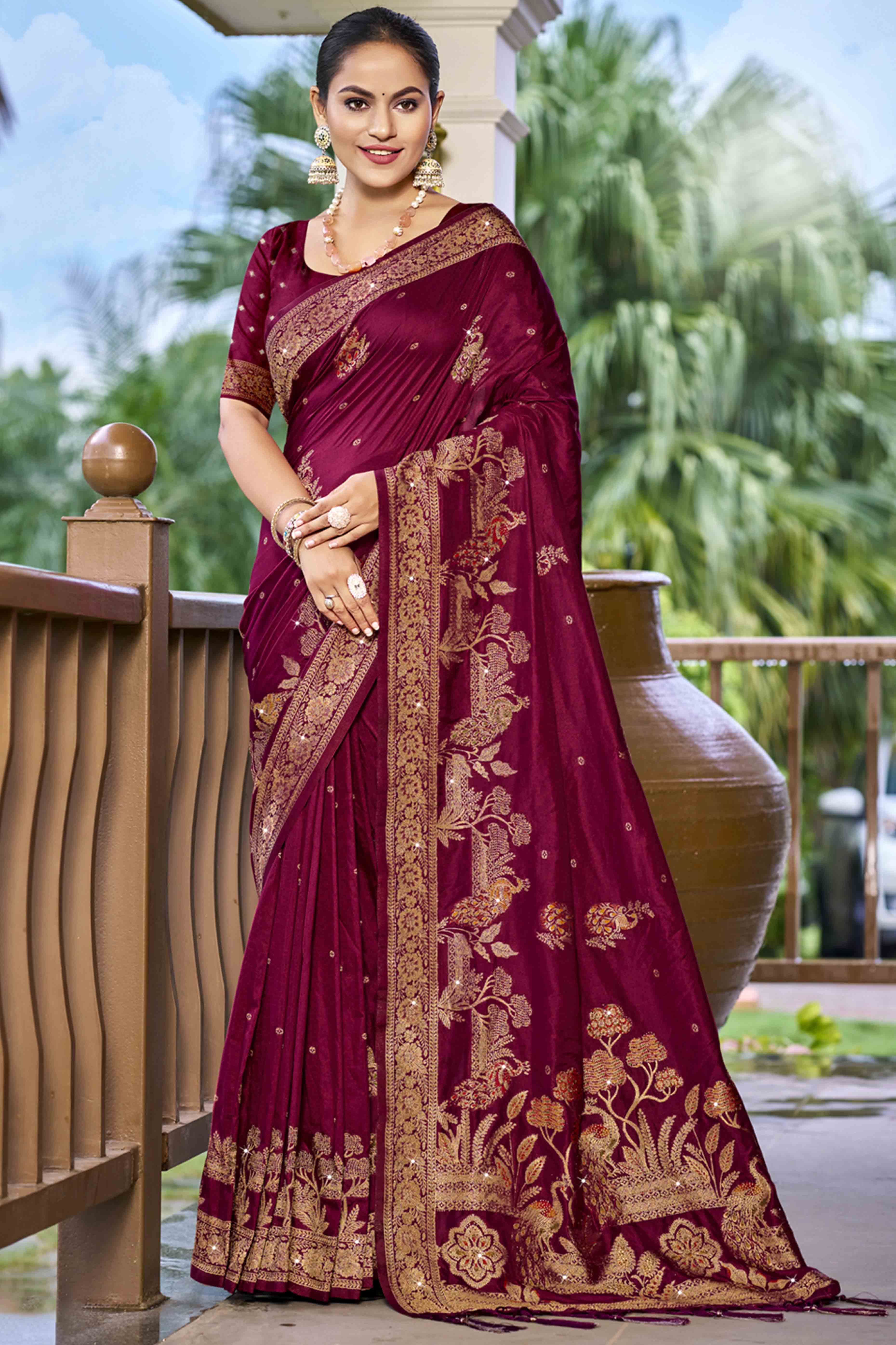 Wine Stone Work Weaving Satin Silk Saree