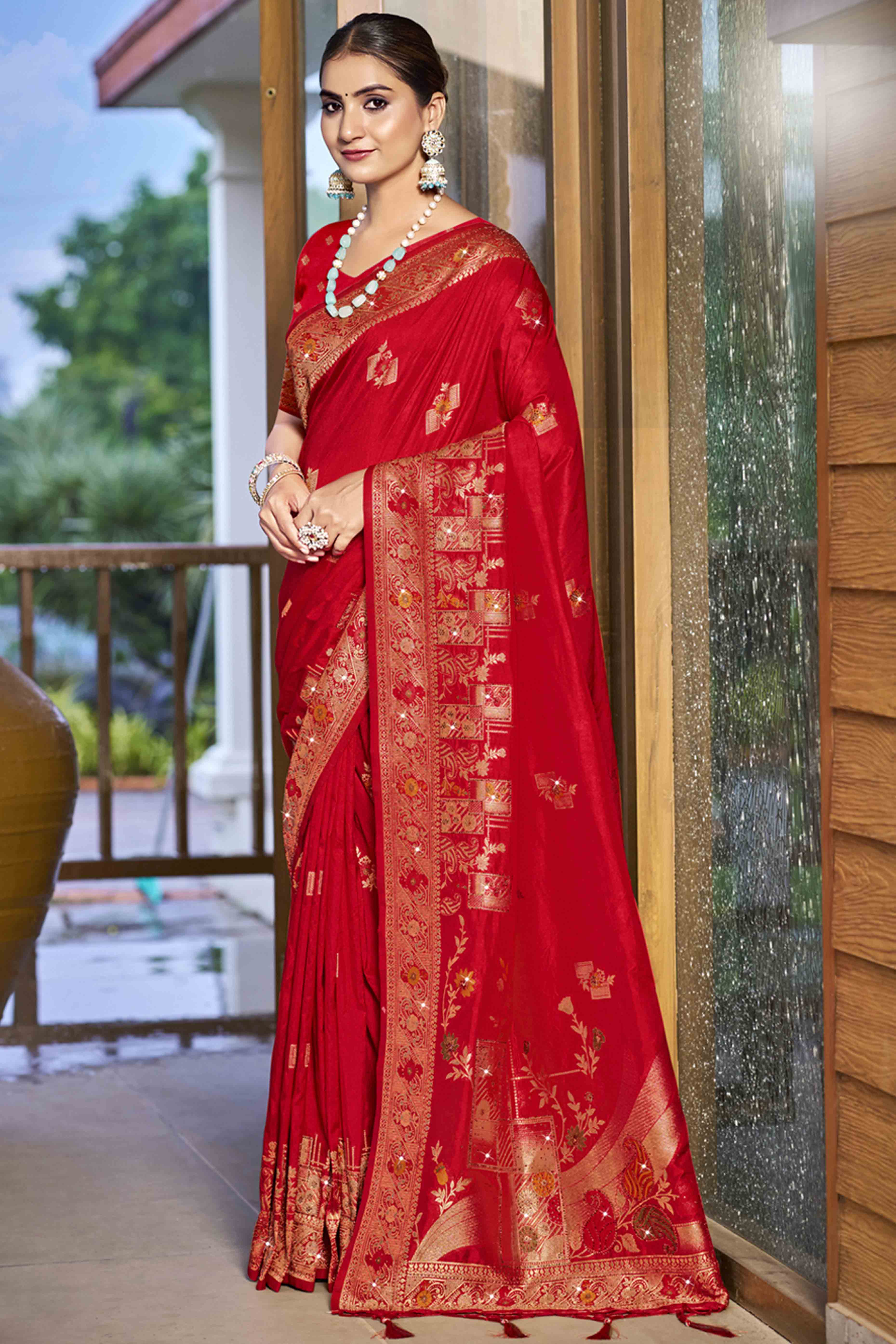 Red Stone Work Weaving Satin Silk Saree