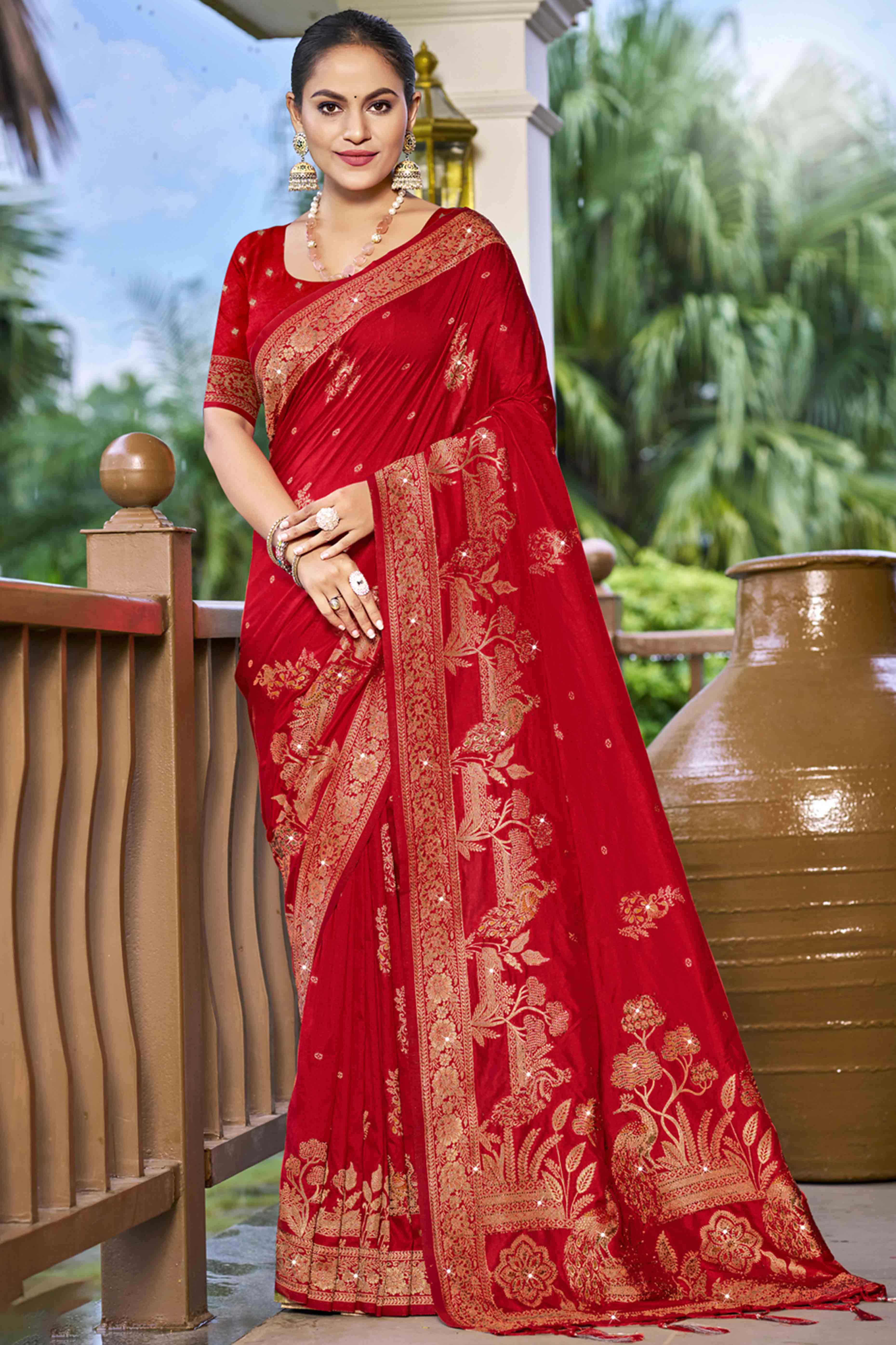 Red Stone Work Weaving Satin Silk Saree