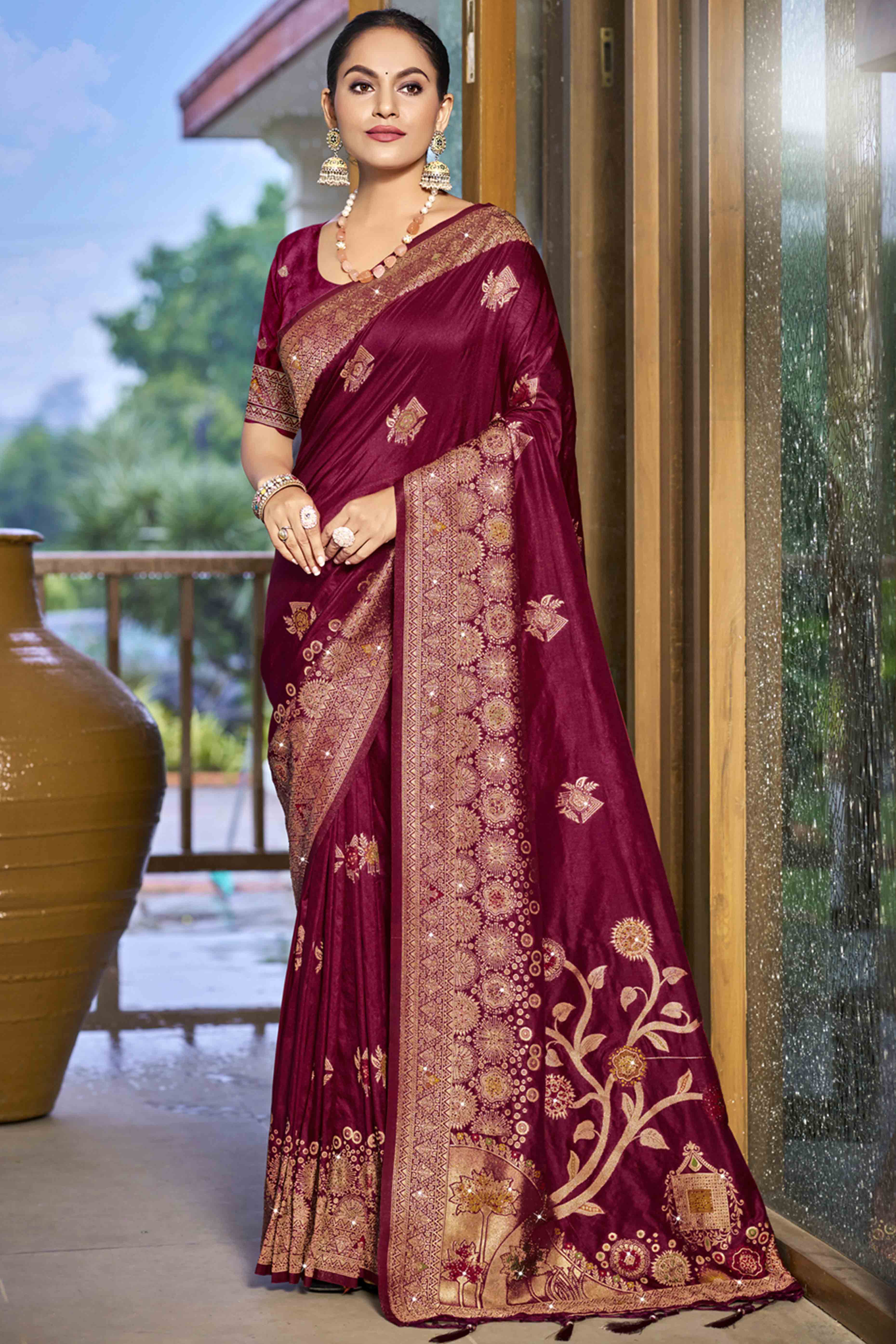 Wine Stone Work Weaving Satin Silk Saree