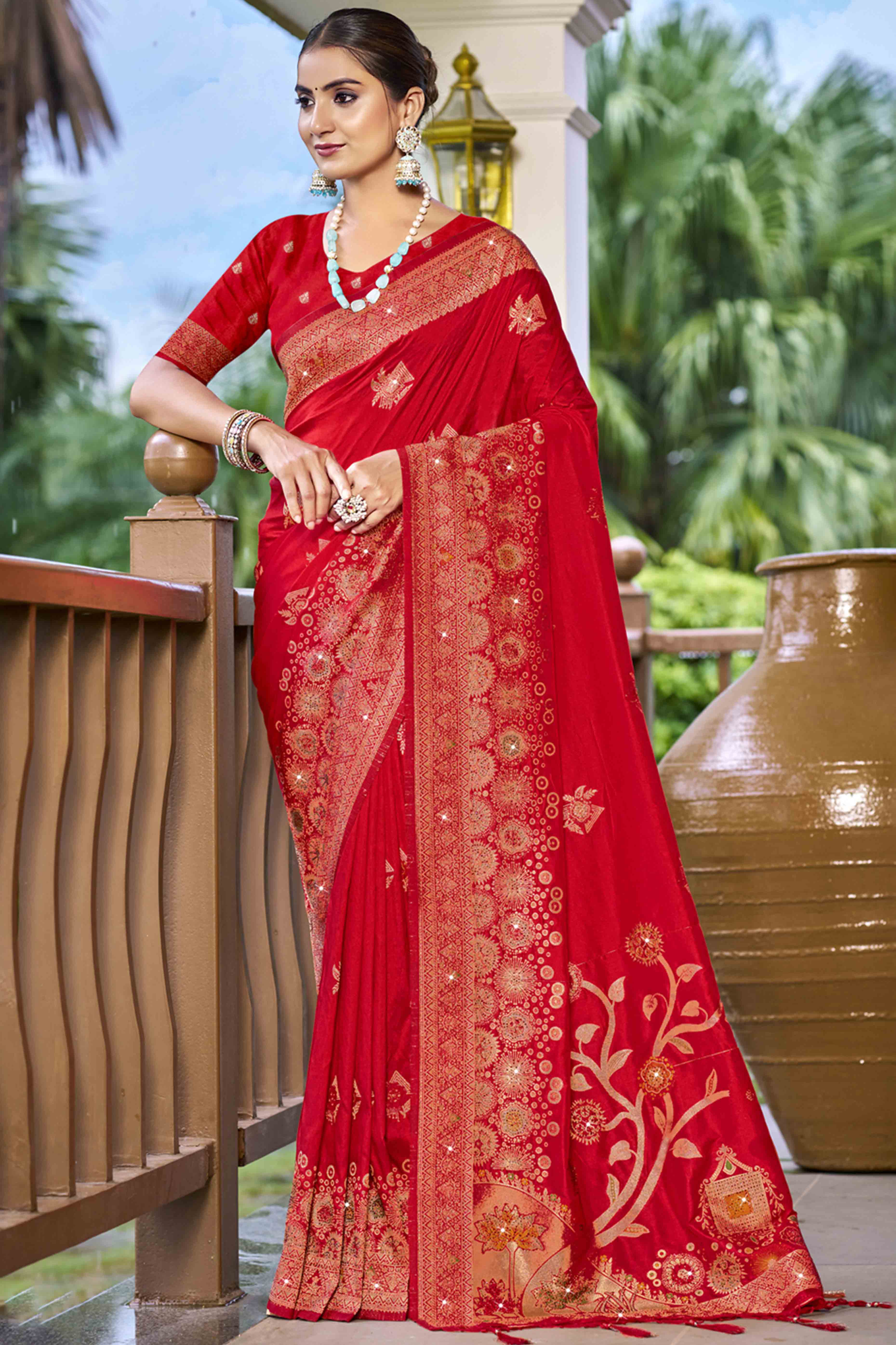 Red Stone Work Weaving Satin Silk Saree