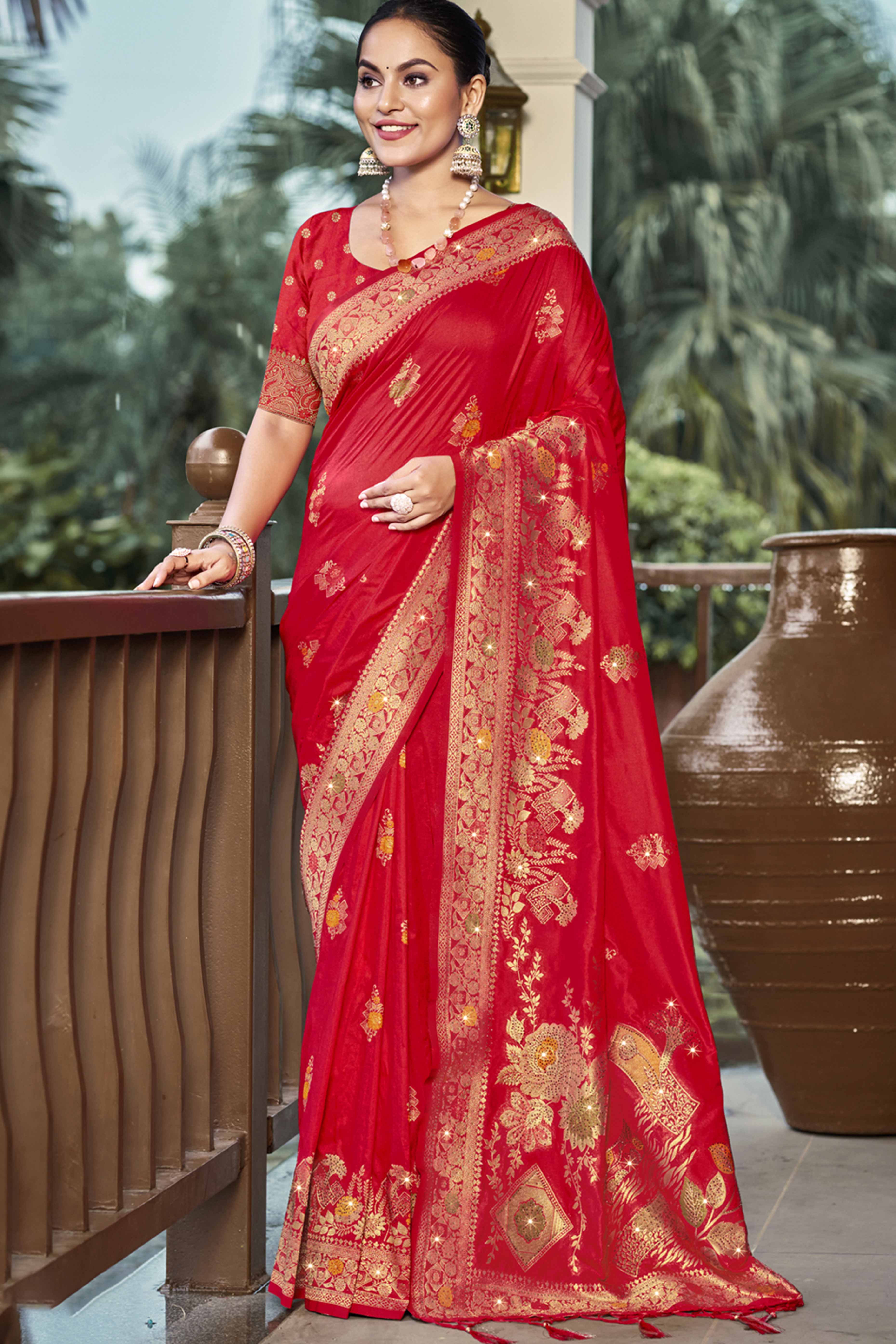 Red Floral Woven With Swarovski Work Pure Silk Saree With Tassels