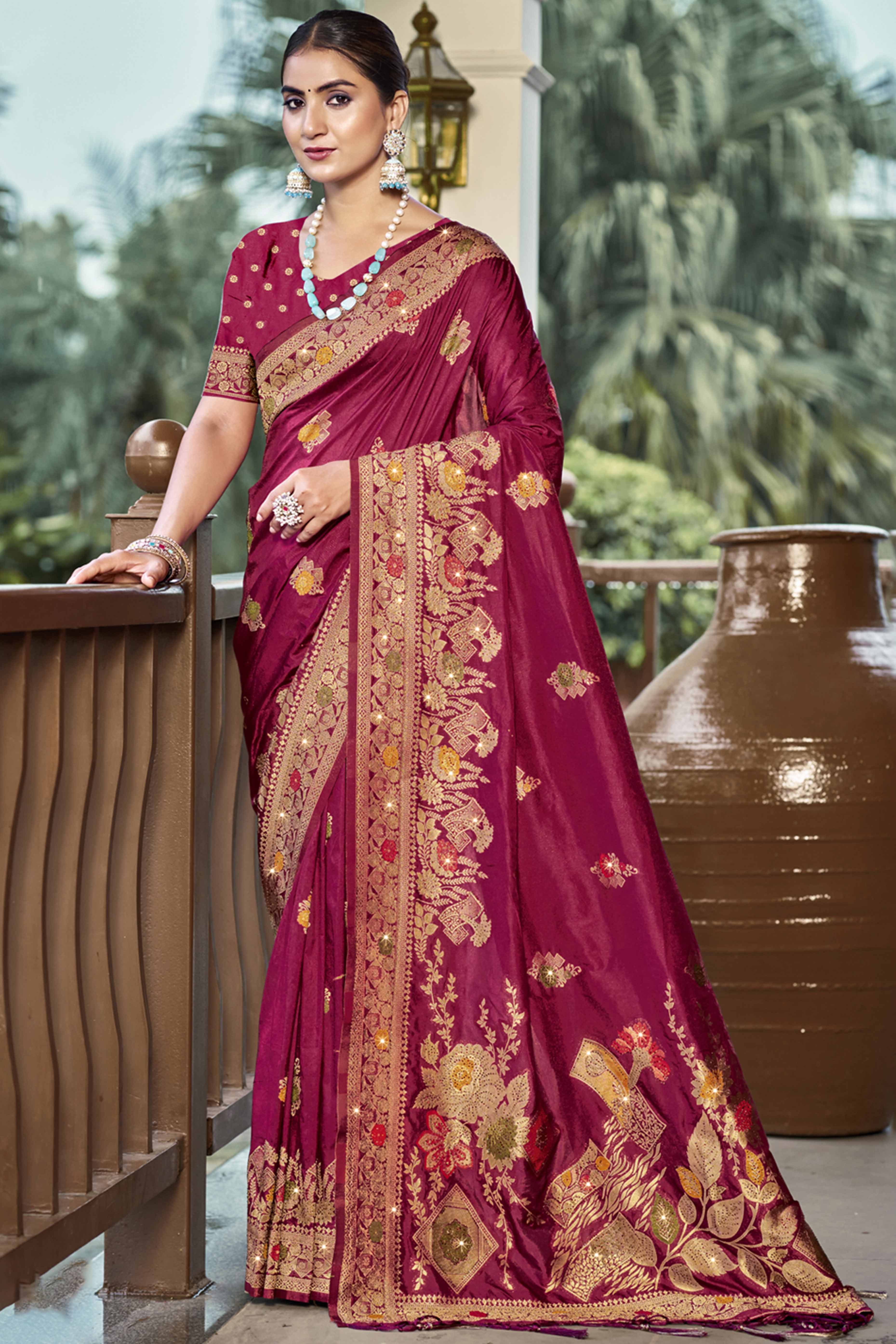 Dark Magenta Floral Woven With Swarovski Work Pure Silk Saree With Tassels