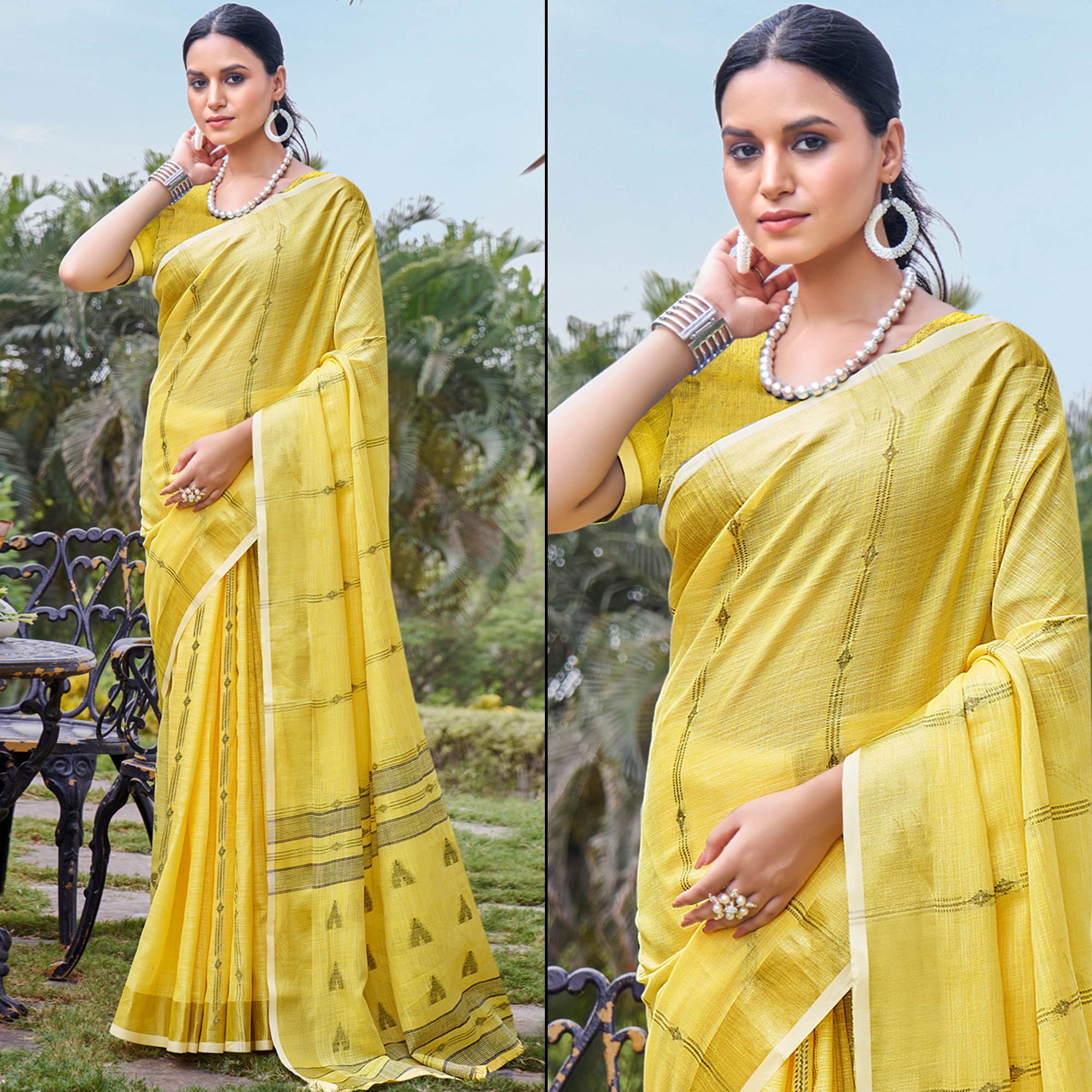 Yellow Woven Cotton Blend Saree With Tassels