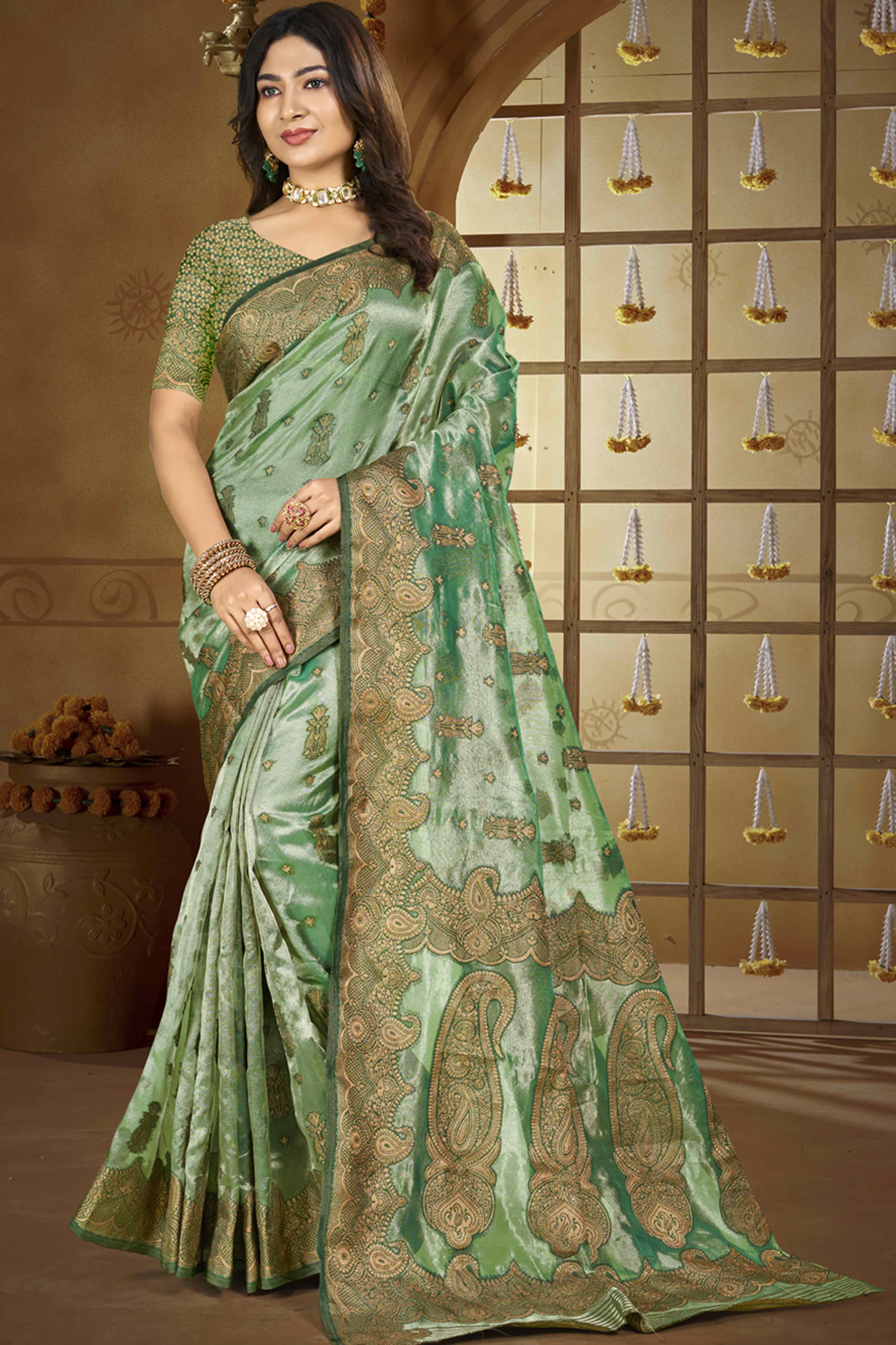 Green Paisley Pattern Woven Organza Silk Saree