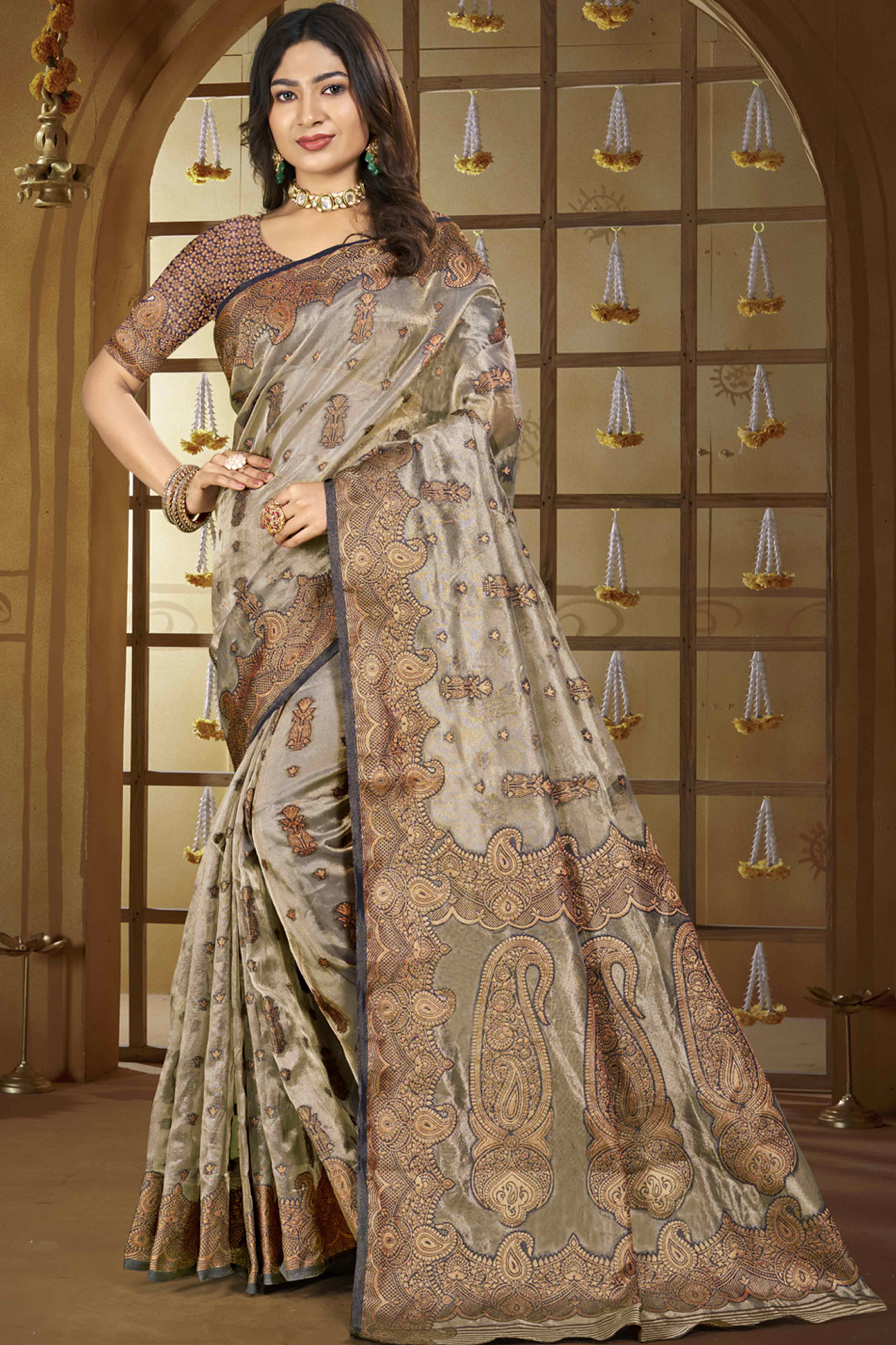 Grey Paisley Pattern Woven Organza Silk Saree