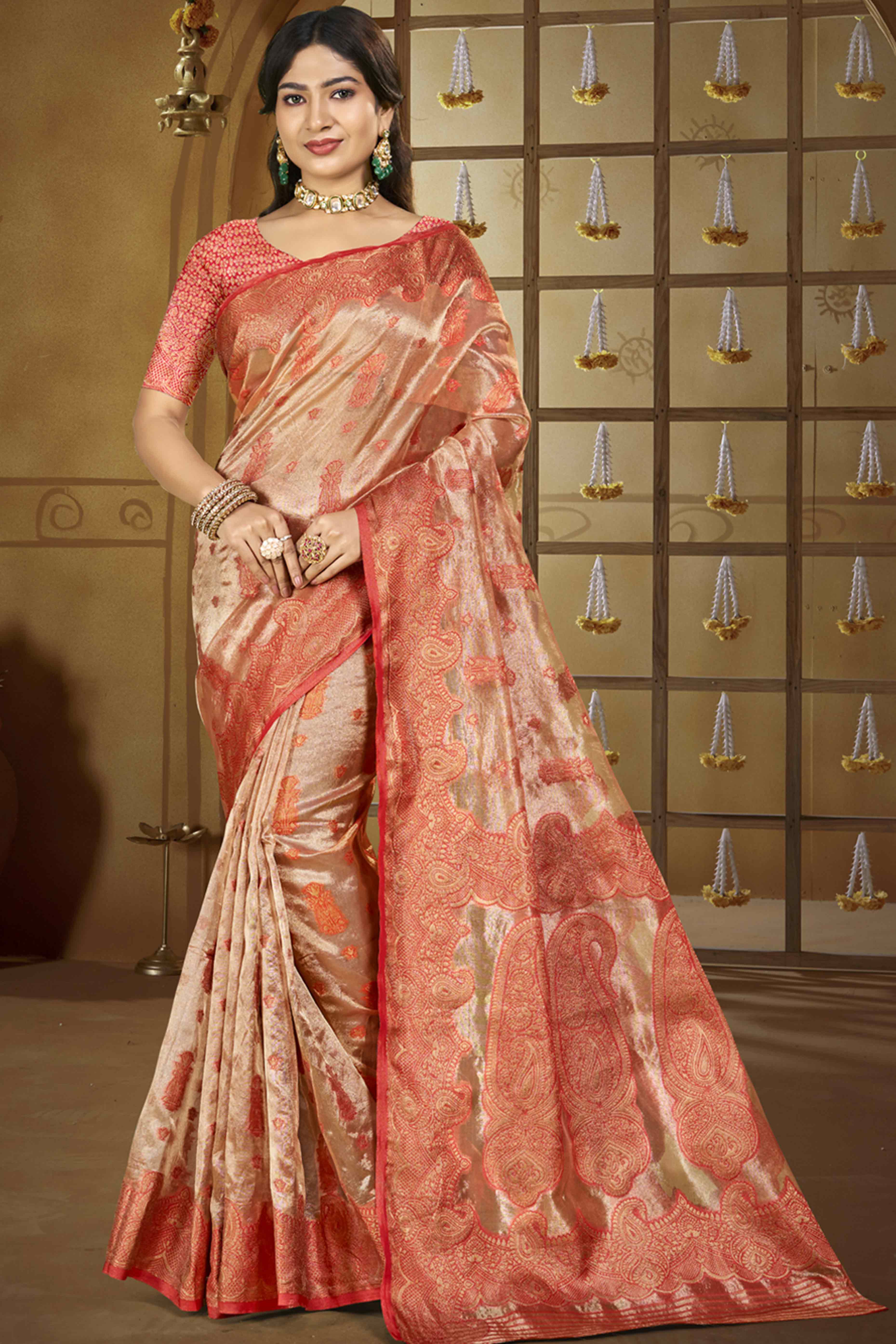 Peach Paisley Pattern Woven Organza Silk Saree