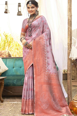 Ethereal Elegance In Onion Pink Banarasi Silk Saree With Floral Zari Weaving Work