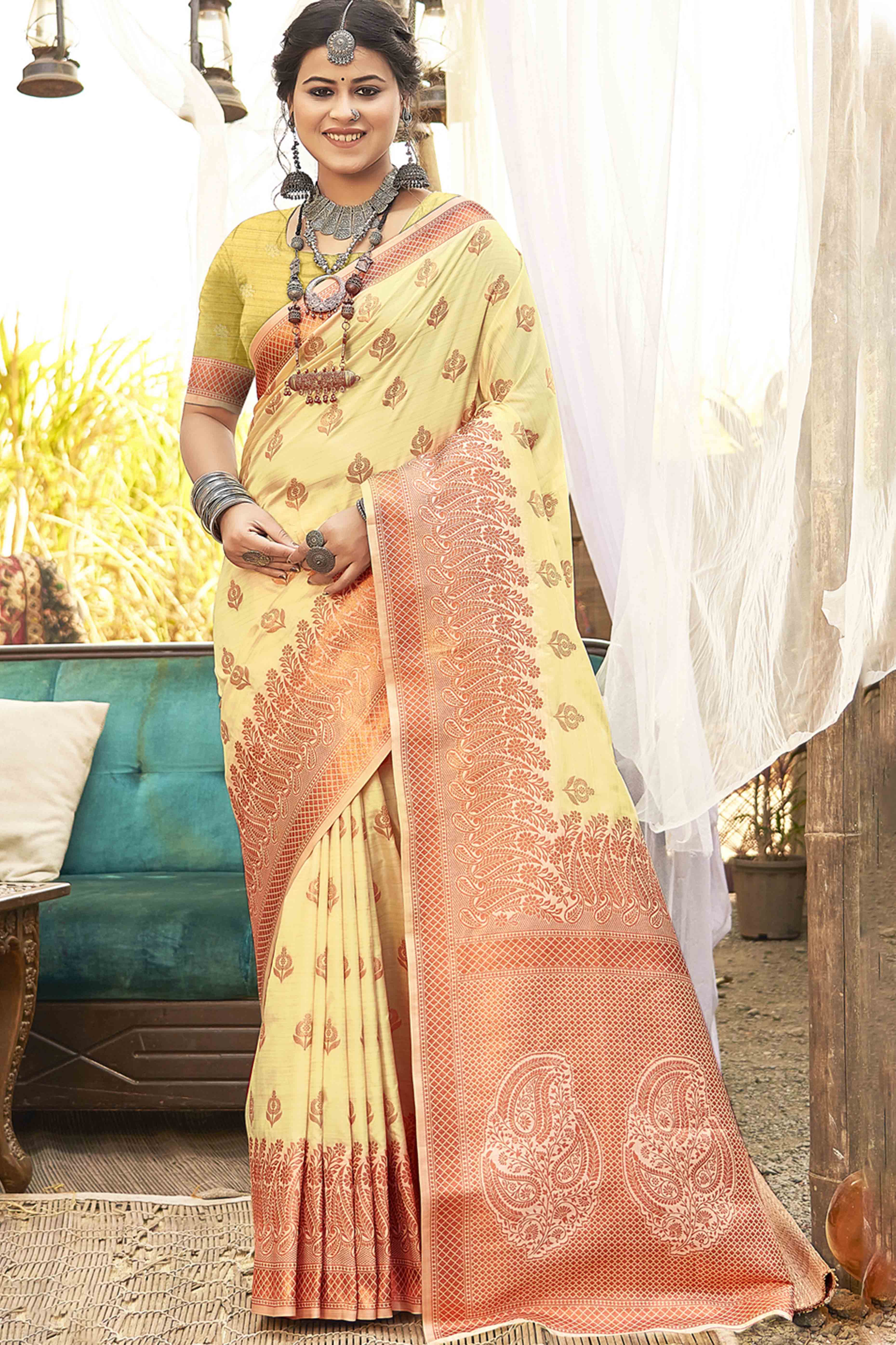 Charming  Yellow  Banarasi Silk Saree With Floral Zari Weaving Work