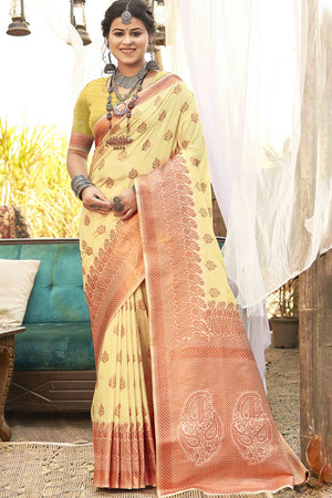 Charming  Yellow  Banarasi Silk Saree With Floral Zari Weaving Work