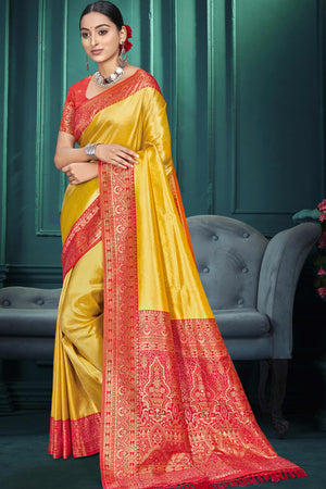 Exclusive Yellow Floral Motif Woven Kanjivaram Silk Saree With Graceful Tassel Pallu
