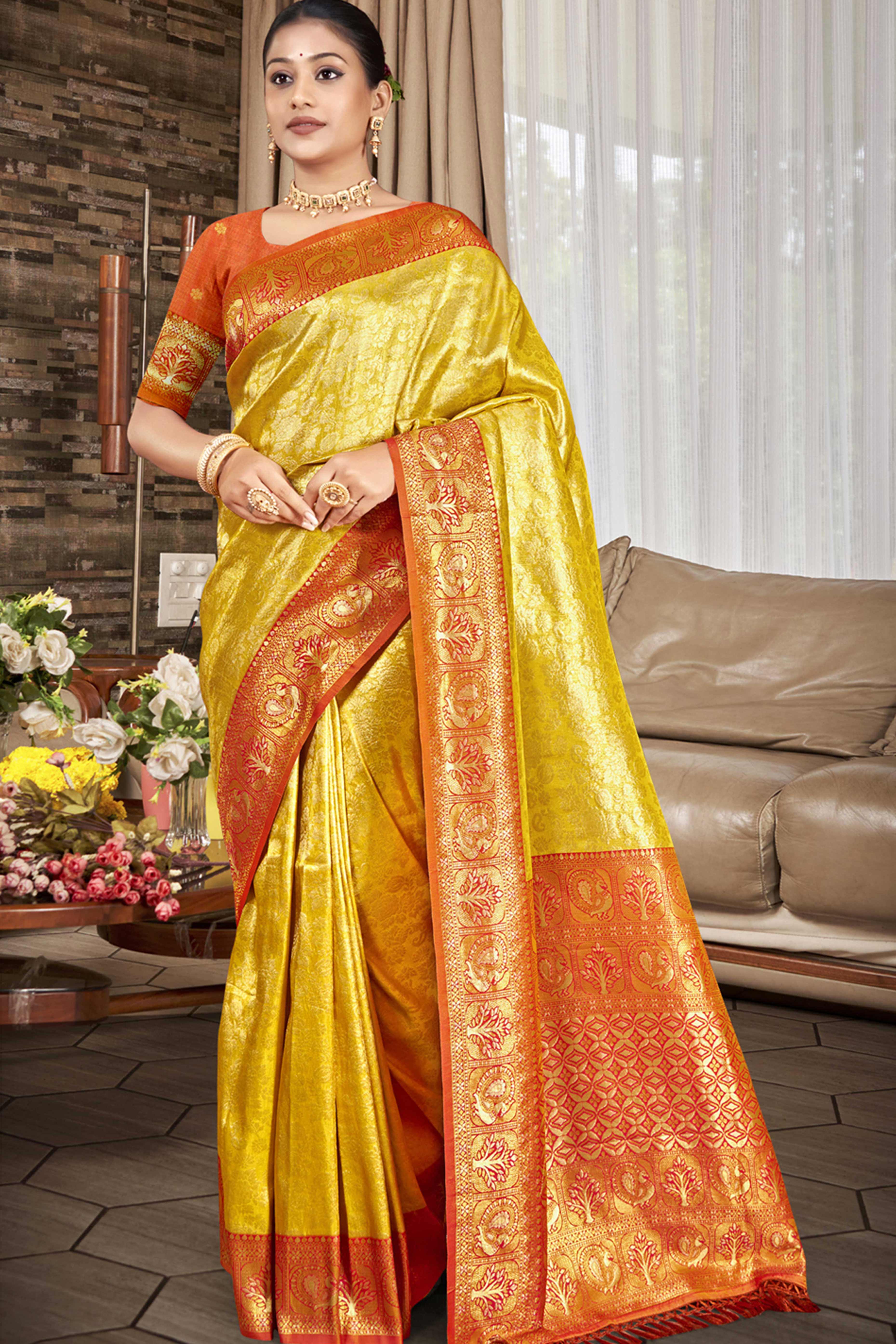 Premium Yellow Floral and Peacock Motif Woven Kanjivaram Silk Saree With Tassel Pallu