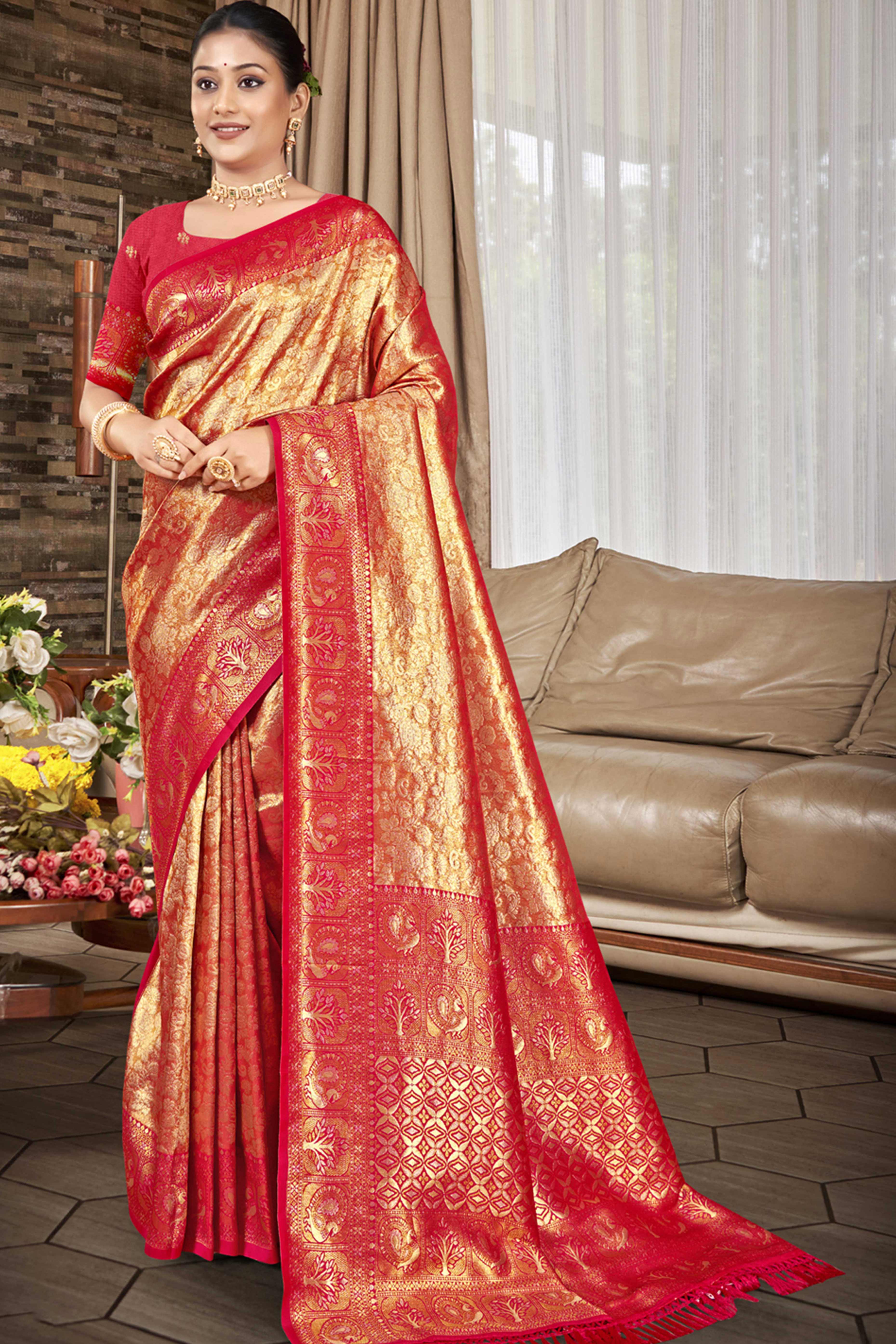 Premium Pink Floral and Peacock Motif Woven Kanjivaram Silk Saree With Tassel Pallu