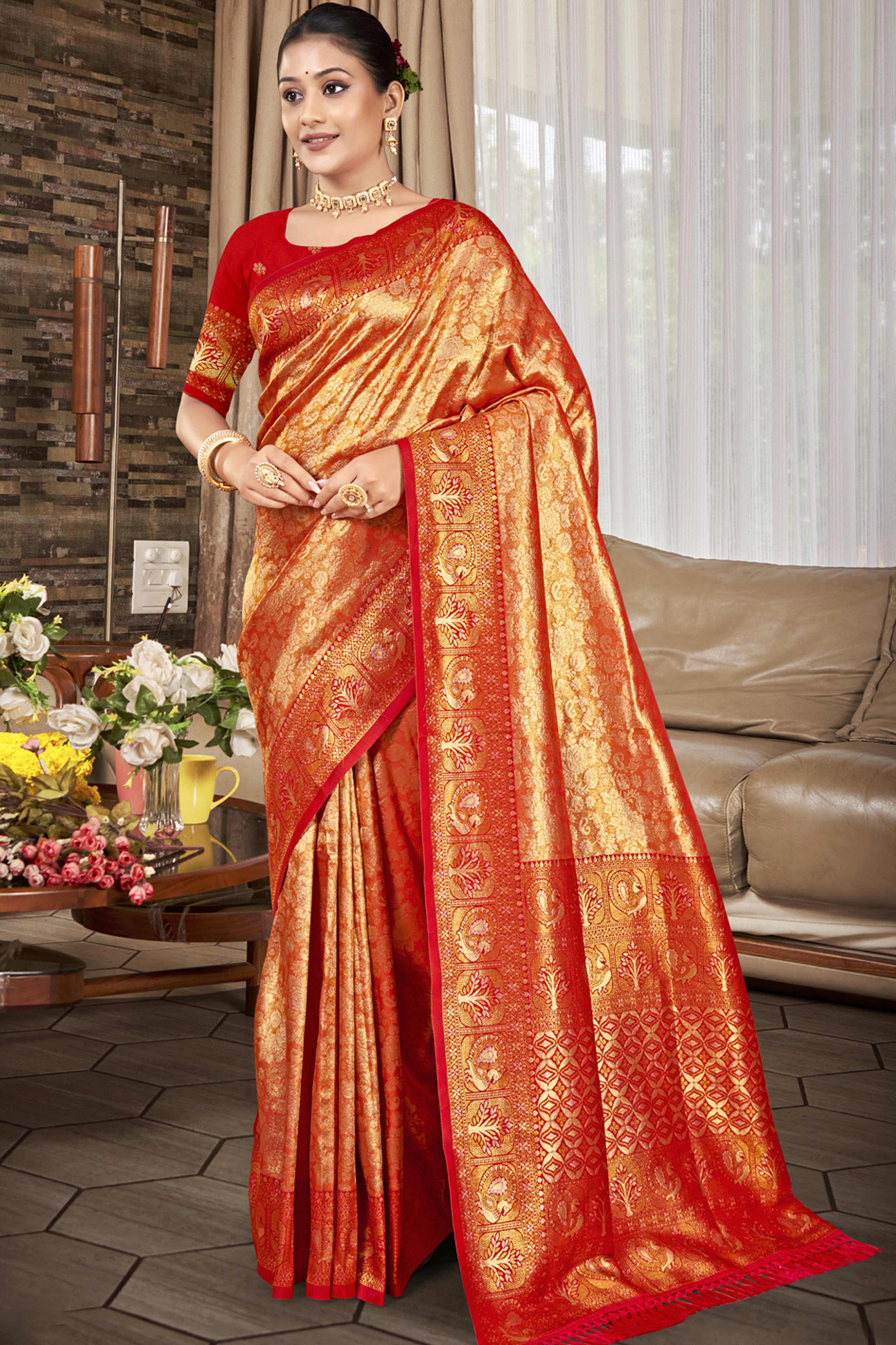 Premium Red Floral and Peacock Motif Woven Kanjivaram Silk Saree With Tassel Pallu