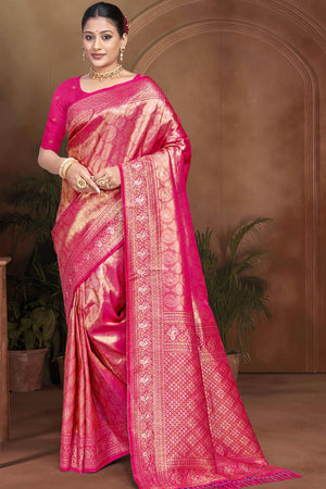 Exclusive Rani Pink Paisley & Floral Pattern Weaving Kanjivaram Silk Saree With Tassel Pallu