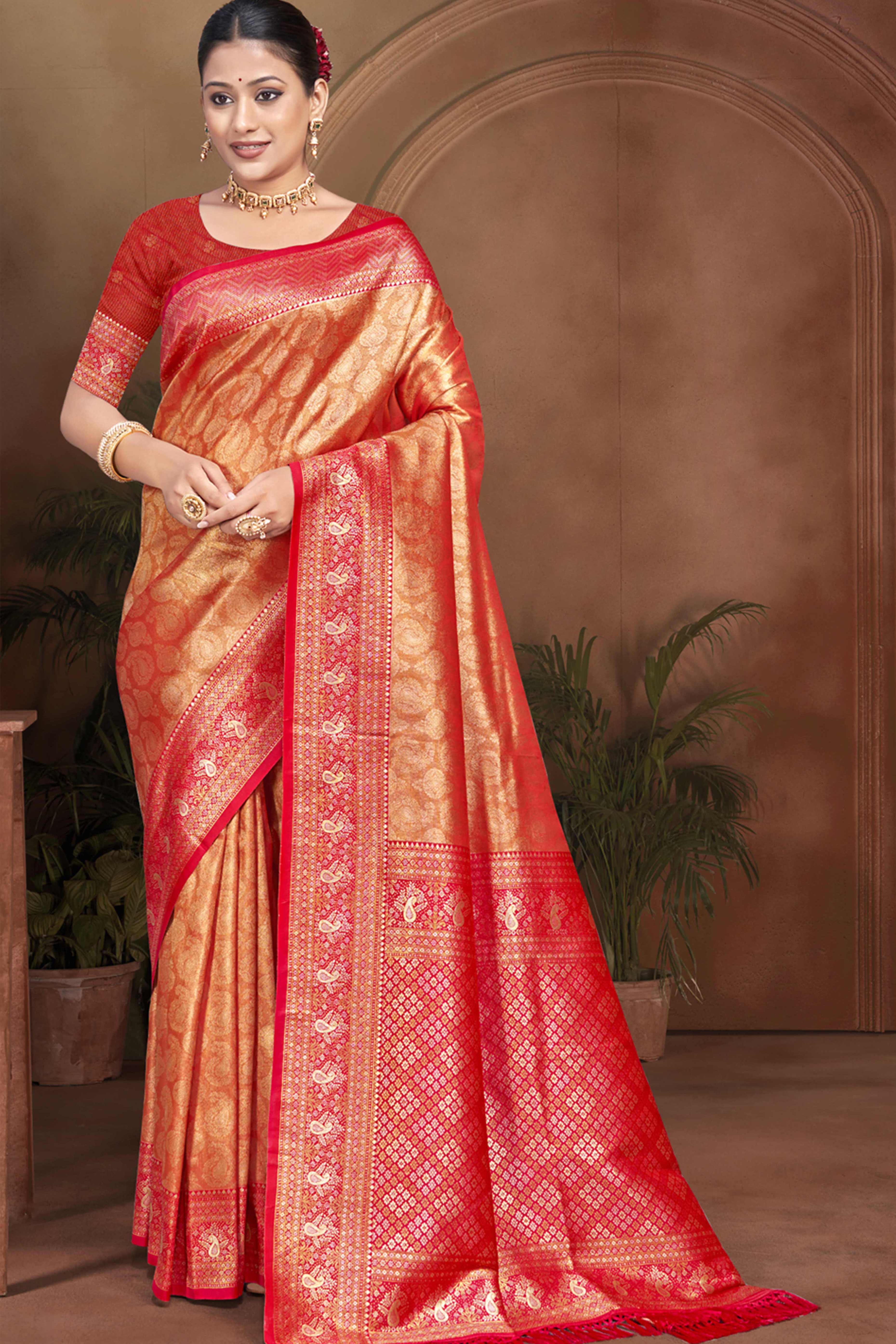Exclusive Red Paisley & Floral Pattern Weaving Kanjivaram Silk Saree With Tassel Pallu