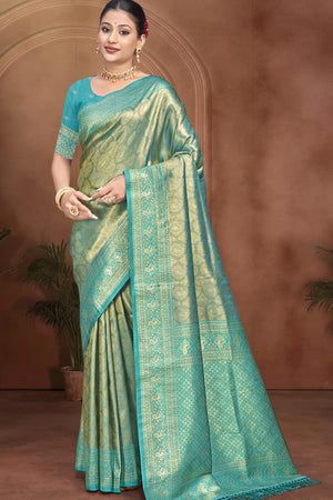 Exclusive Turquoise Paisley & Floral Pattern Weaving Kanjivaram Silk Saree With Tassel Pallu
