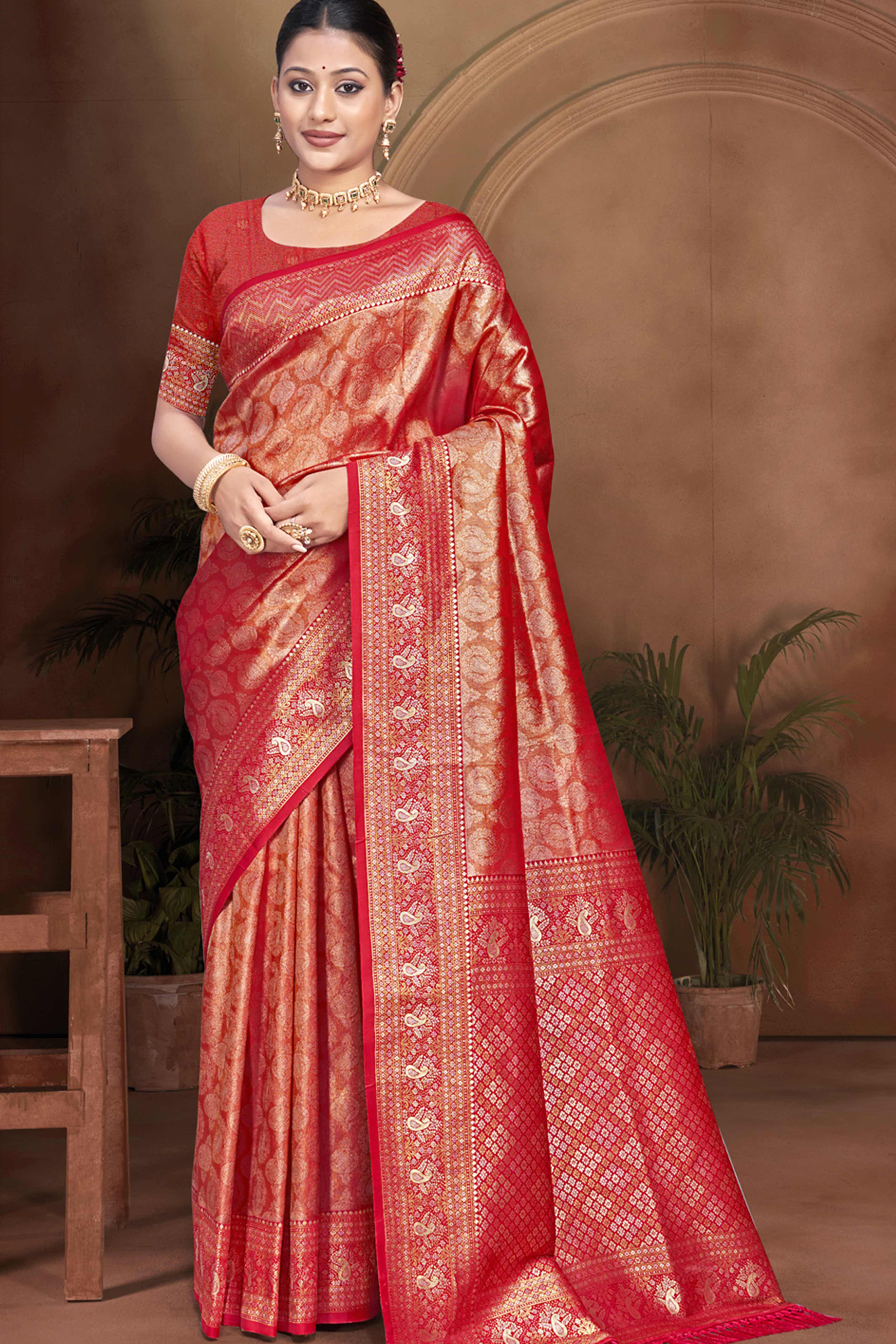 Exclusive Maroon Paisley & Floral Pattern Weaving Kanjivaram Silk Saree With Tassel Pallu
