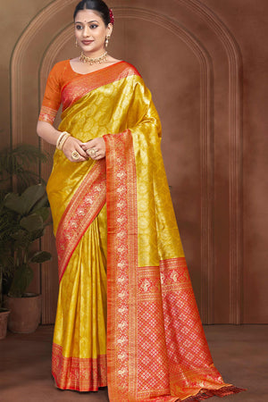 Exclusive Yellow Paisley & Floral Pattern Weaving Kanjivaram Silk Saree With Tassel Pallu