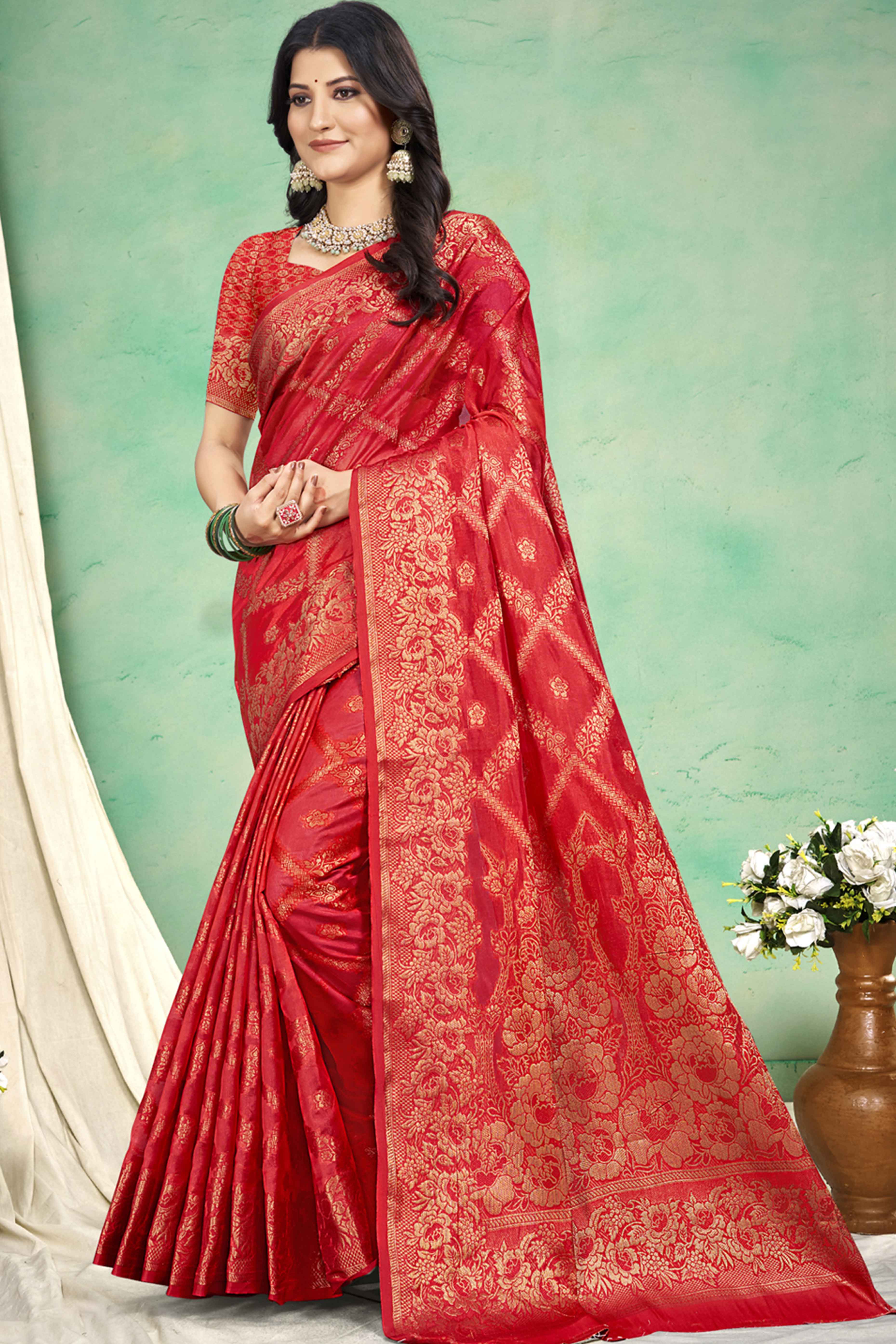 Red Floral Woven Cotton Silk Saree