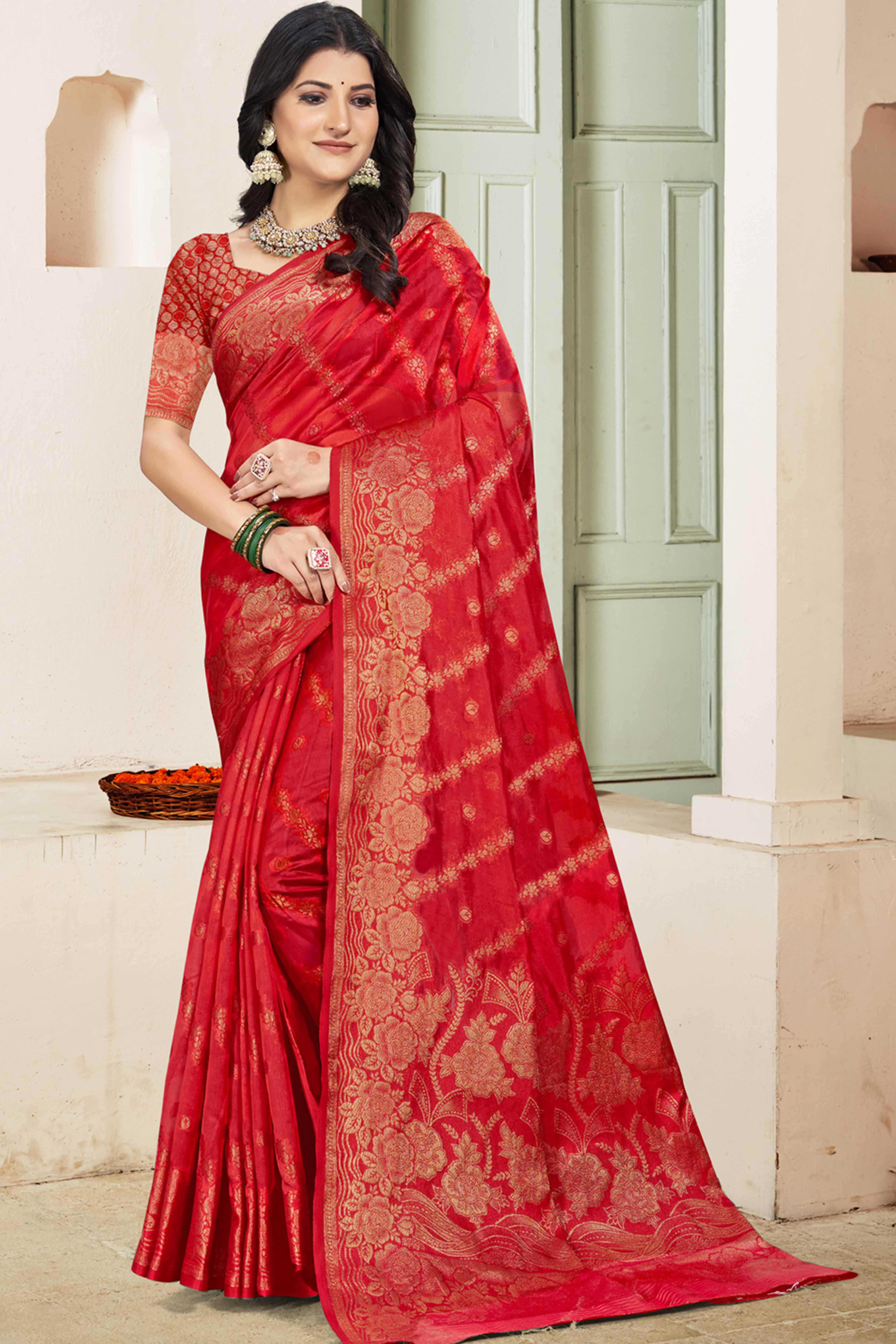 Red Floral Woven Cotton Silk Saree