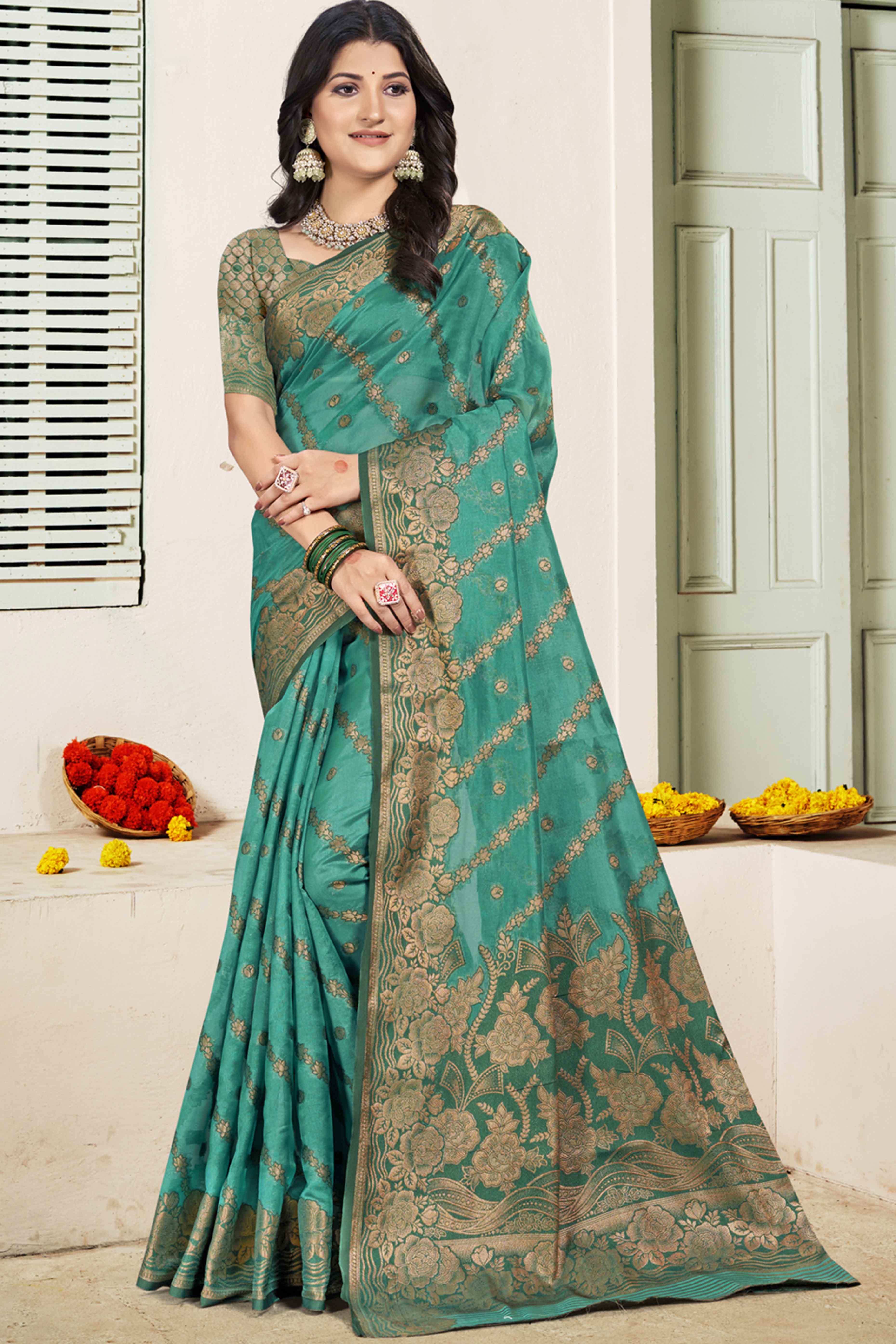 Turquoise Floral Woven Cotton Silk Saree