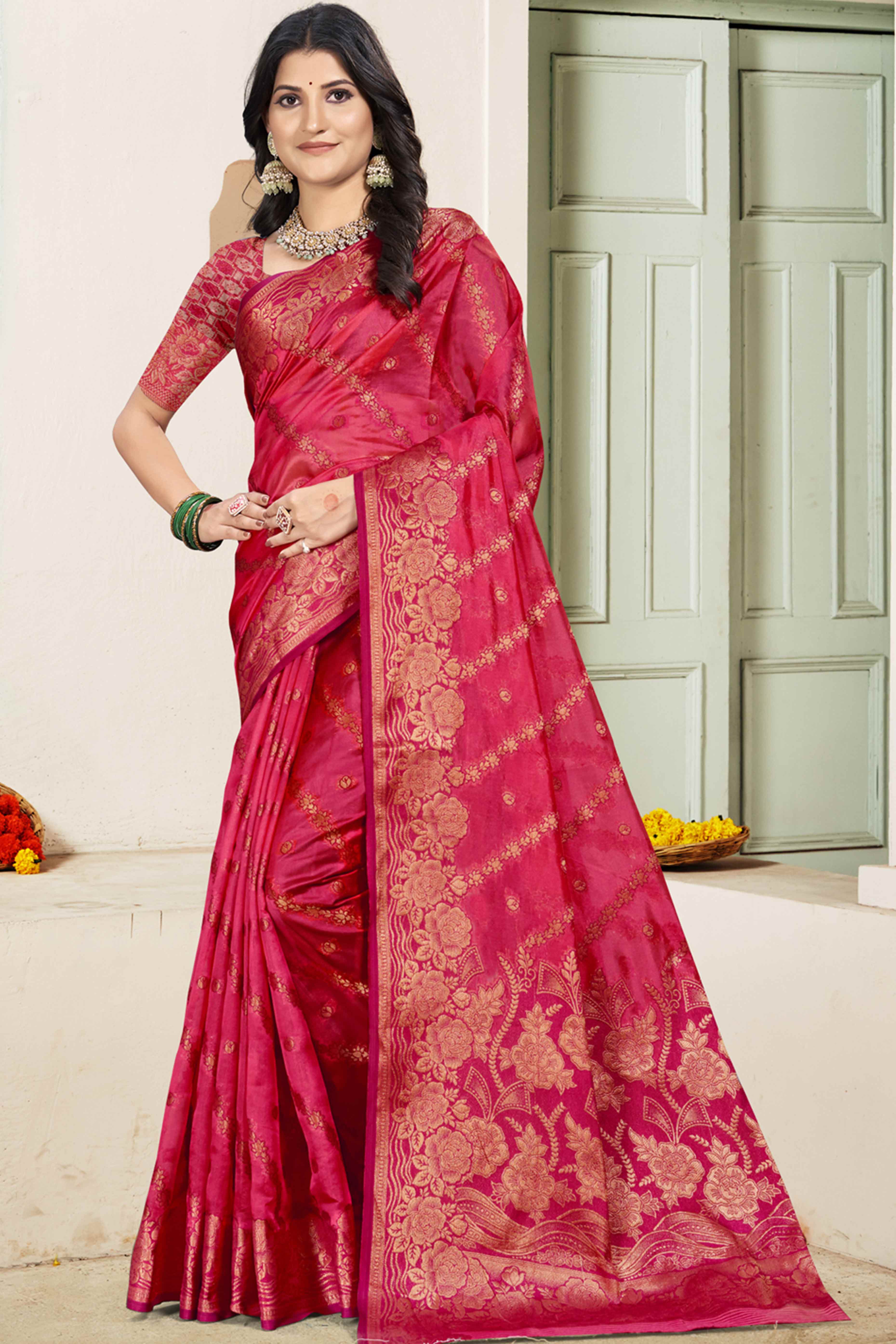 Pink Floral Woven Cotton Silk Saree