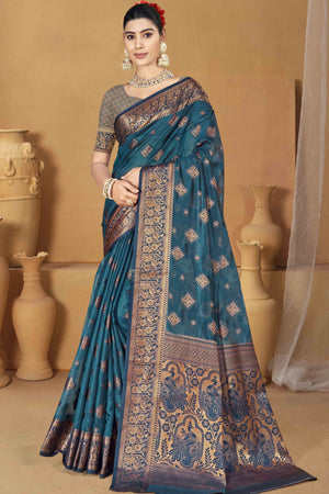Blue Floral & Peacock Pattern Zari Woven Banarasi Silk Saree