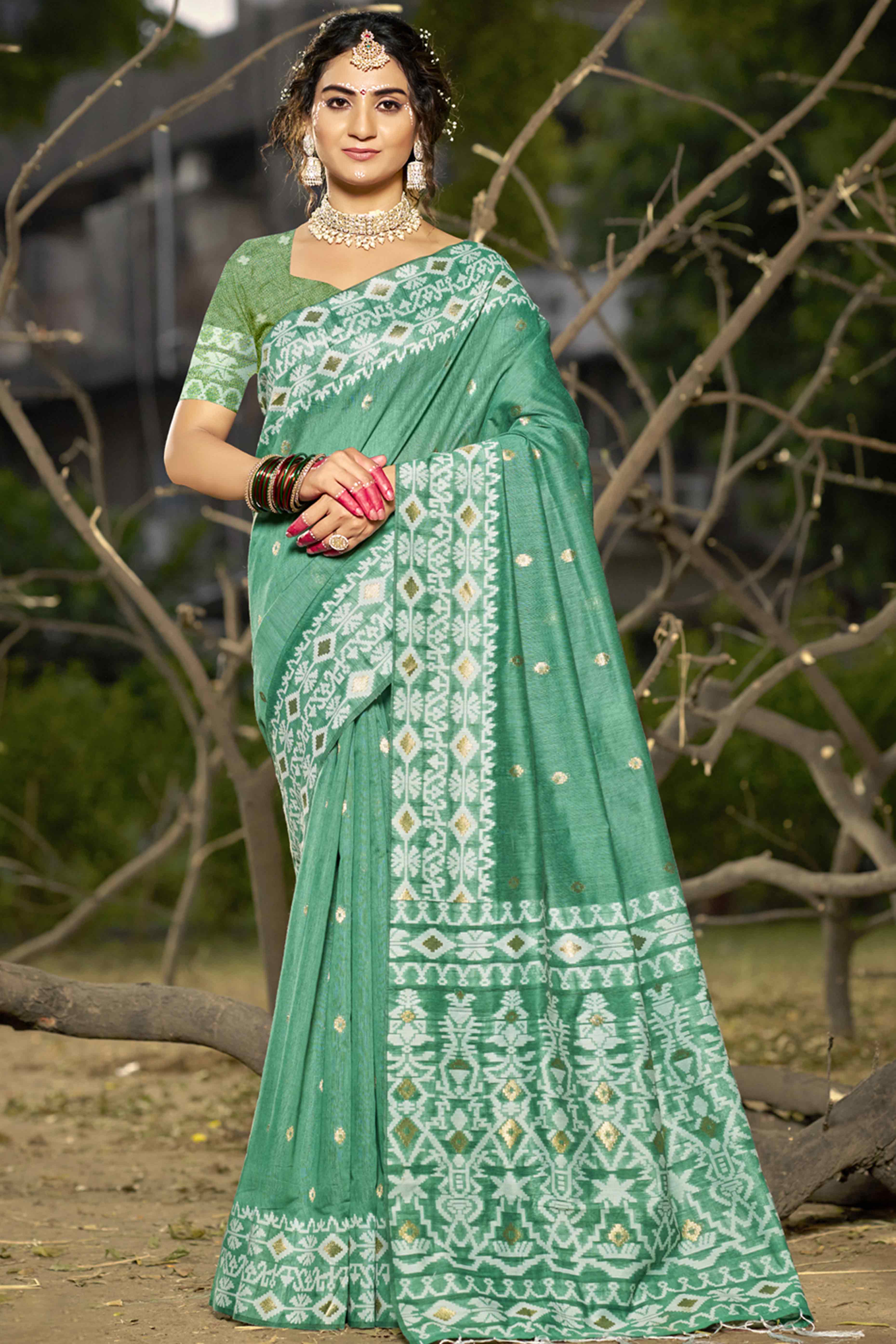 Rama Green Woven Linen Cotton Saree With Tassels