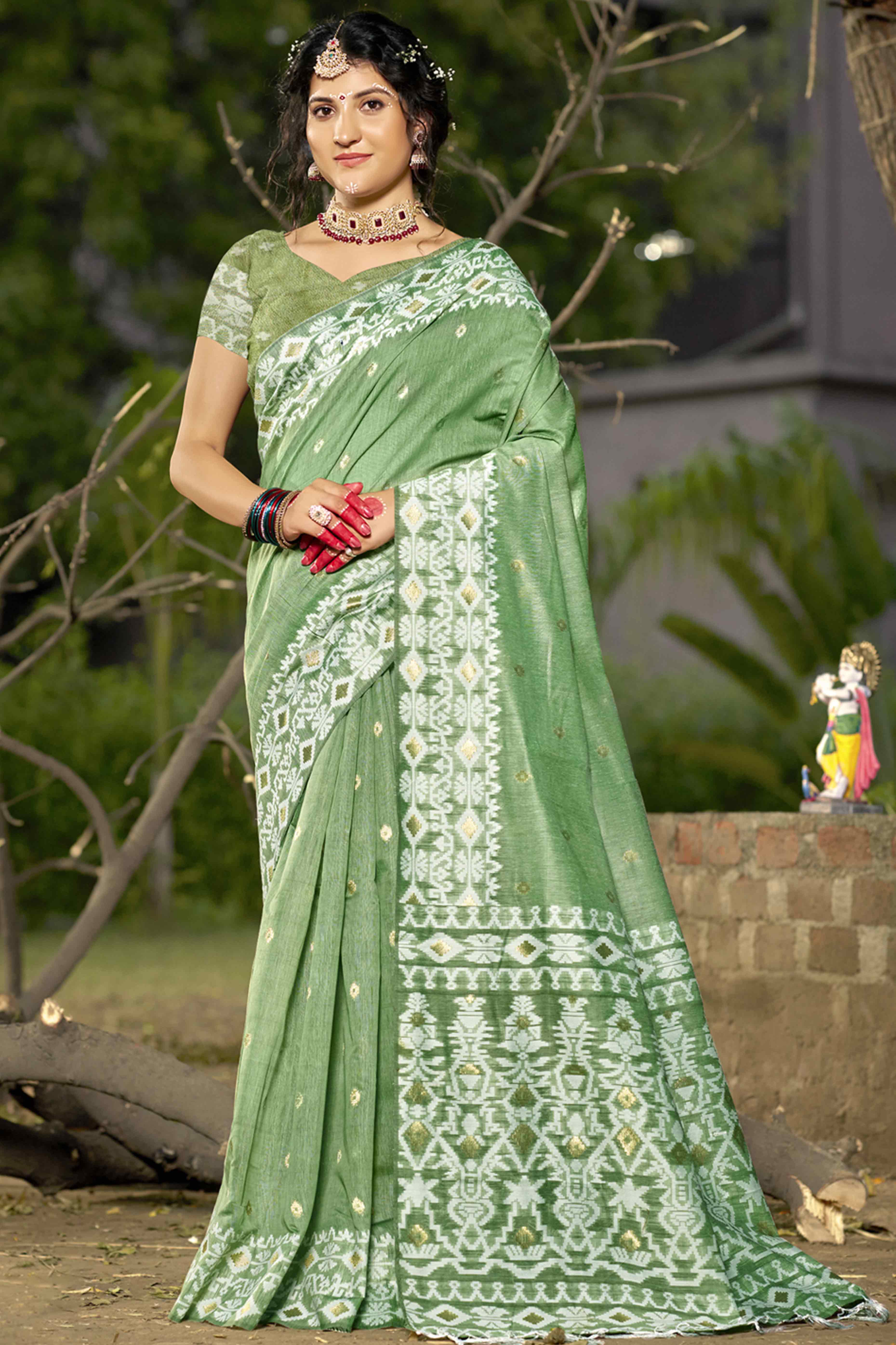 Green Woven Linen Cotton Saree With Tassels