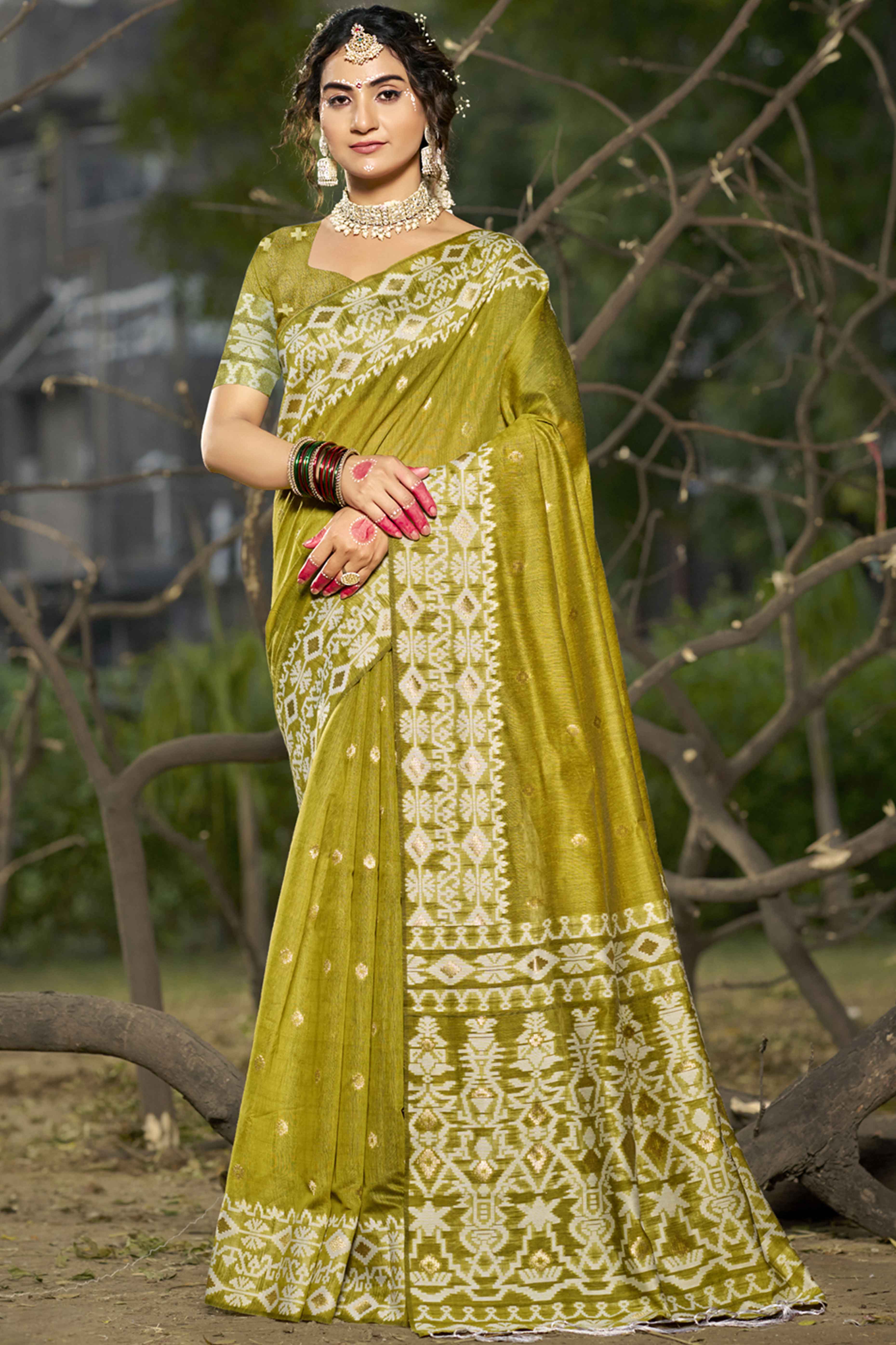 Olive Woven Linen Cotton Saree With Tassels