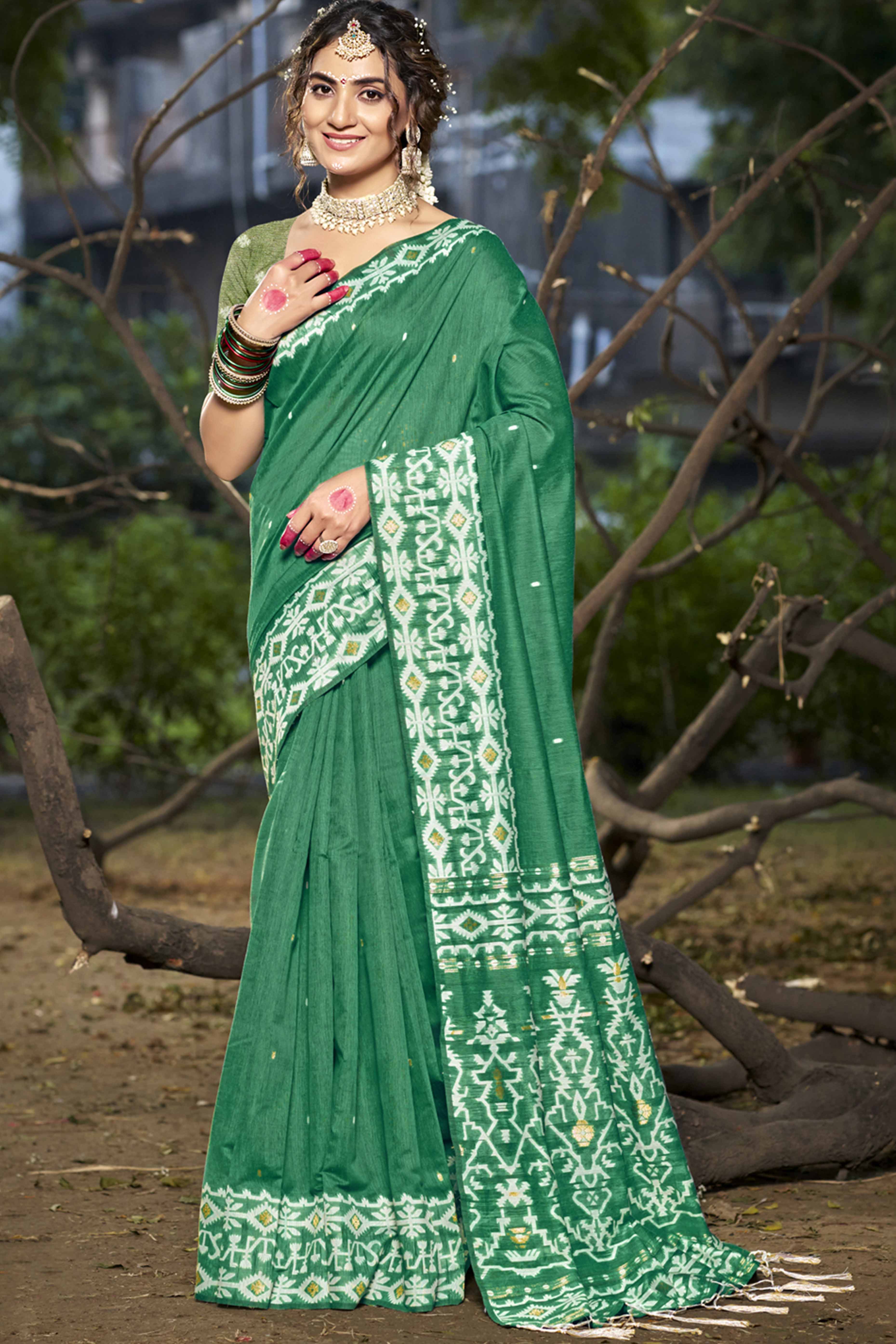 Green Woven Linen Cotton Saree With Tassels