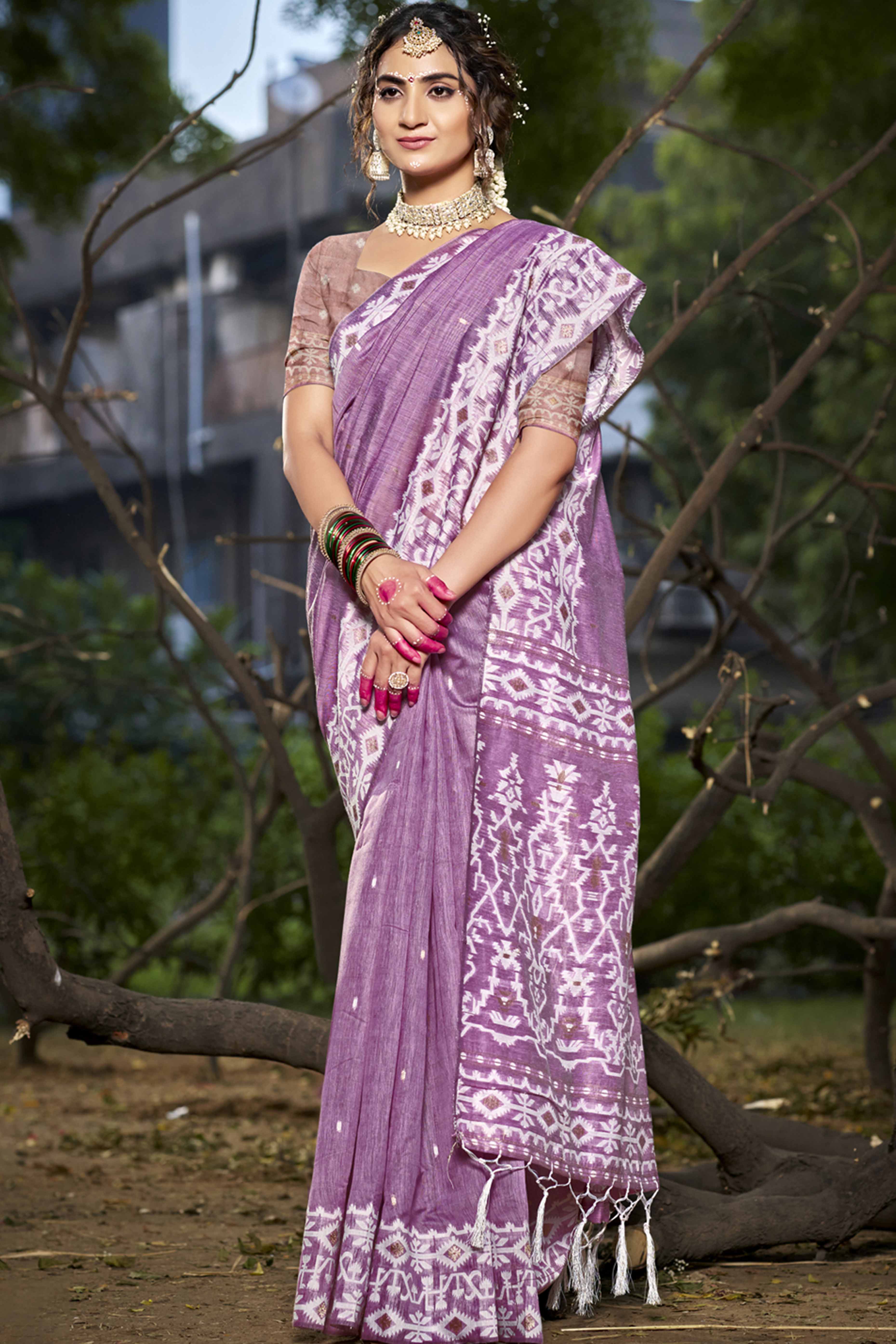 Purple Woven Linen Cotton Saree With Tassels