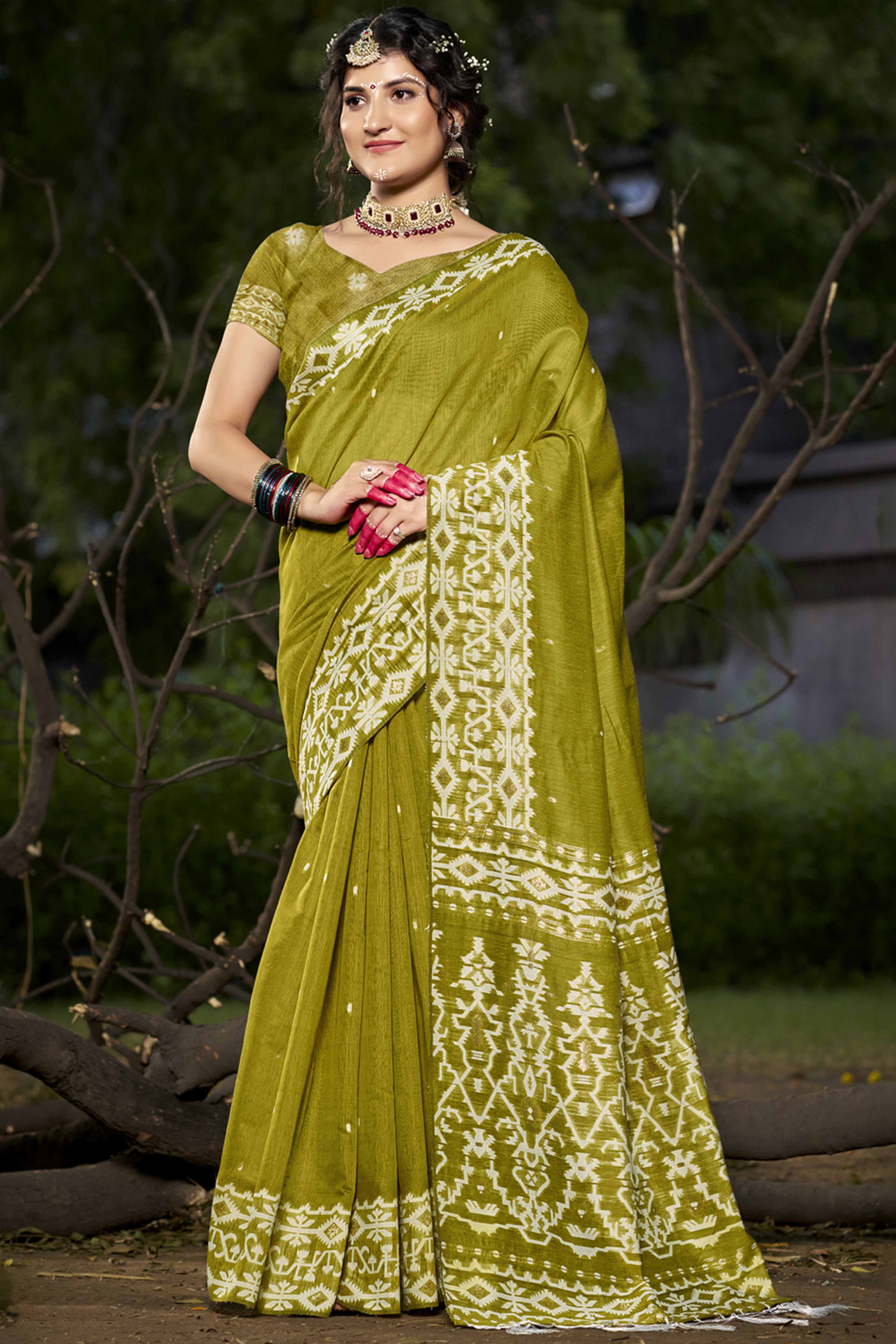 Olive Woven Linen Cotton Saree With Tassels