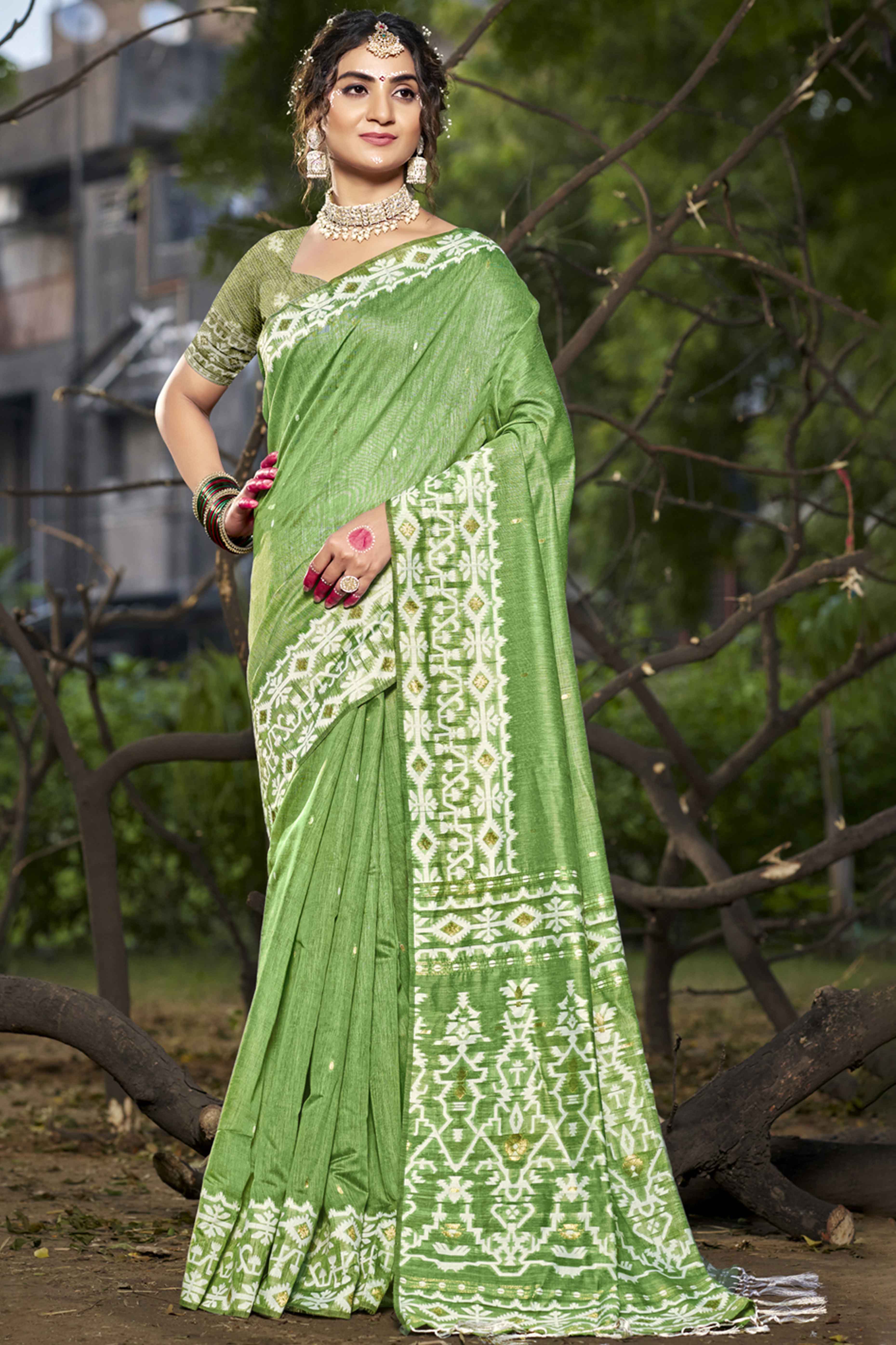 Light Green Woven Linen Cotton Saree With Tassels