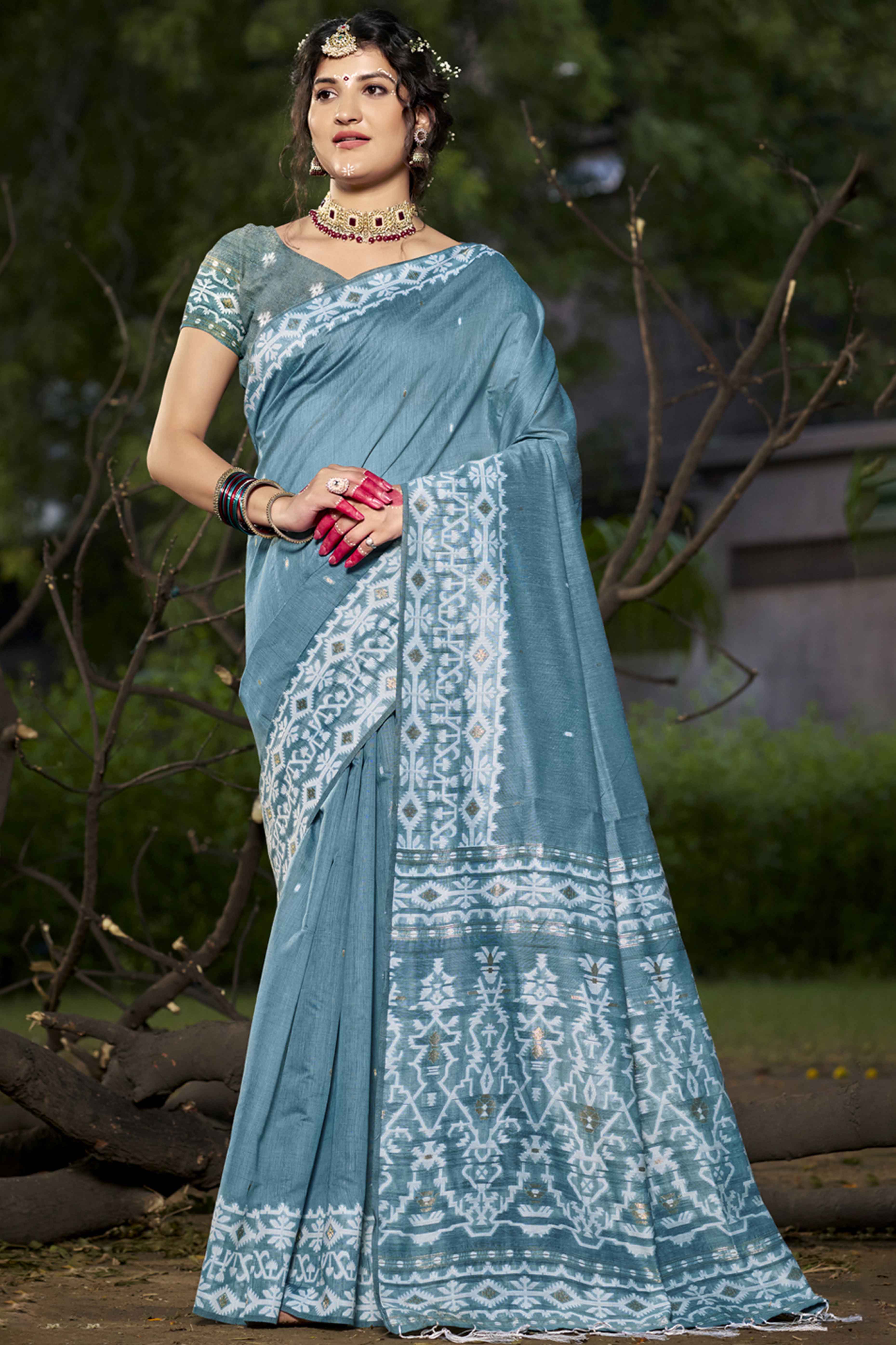 Light Blue Woven Linen Cotton Saree With Tassels