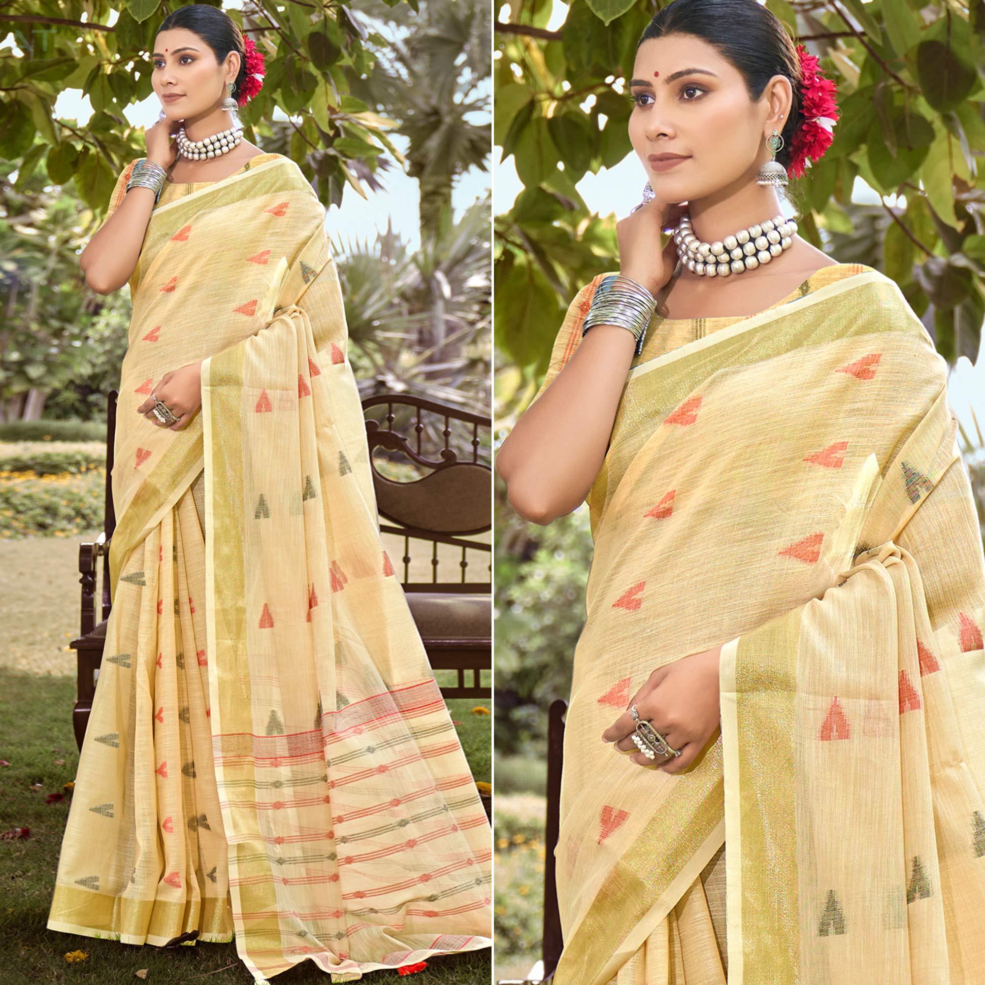 Light Yellow Woven Cotton Blend Saree