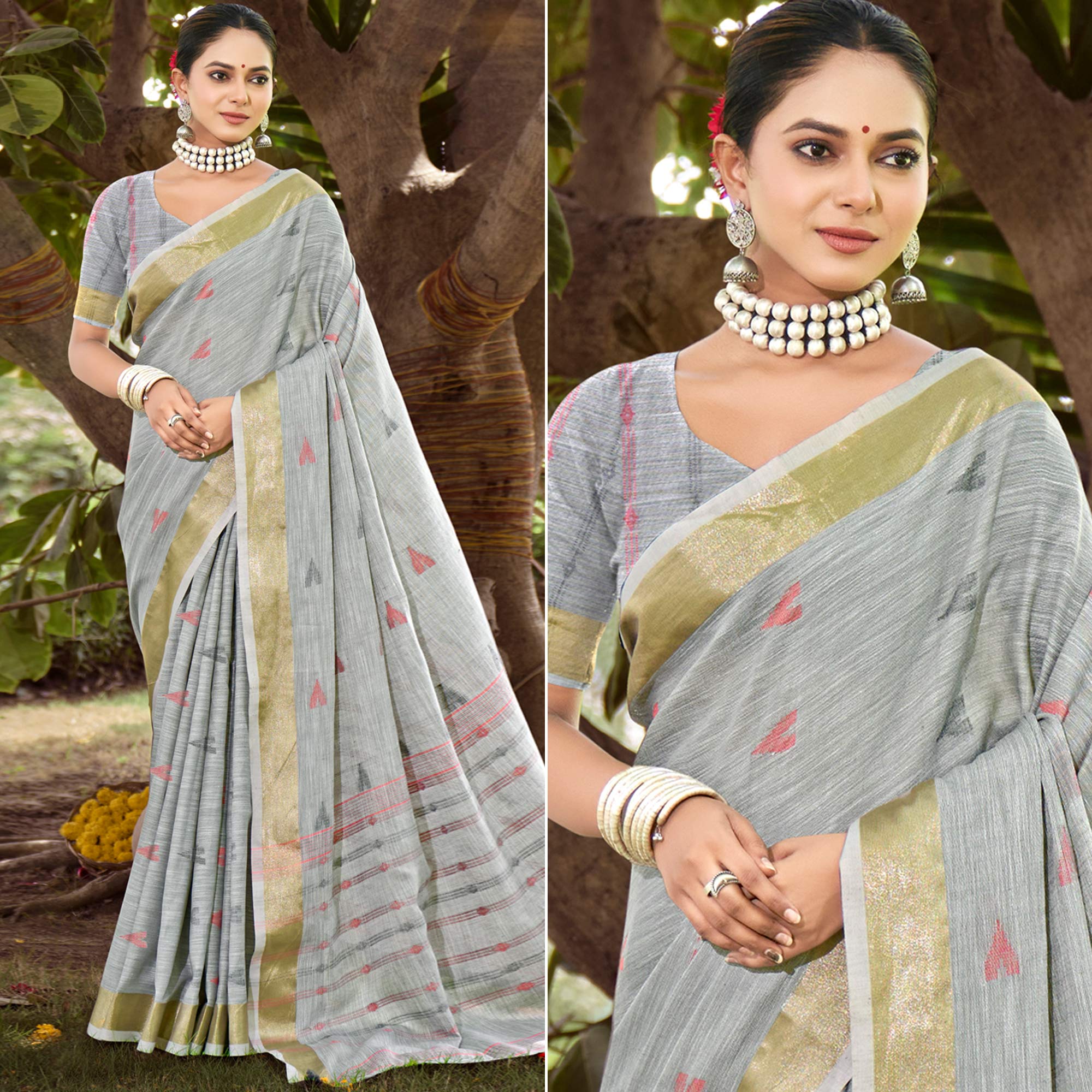 Grey Woven Cotton Blend Saree