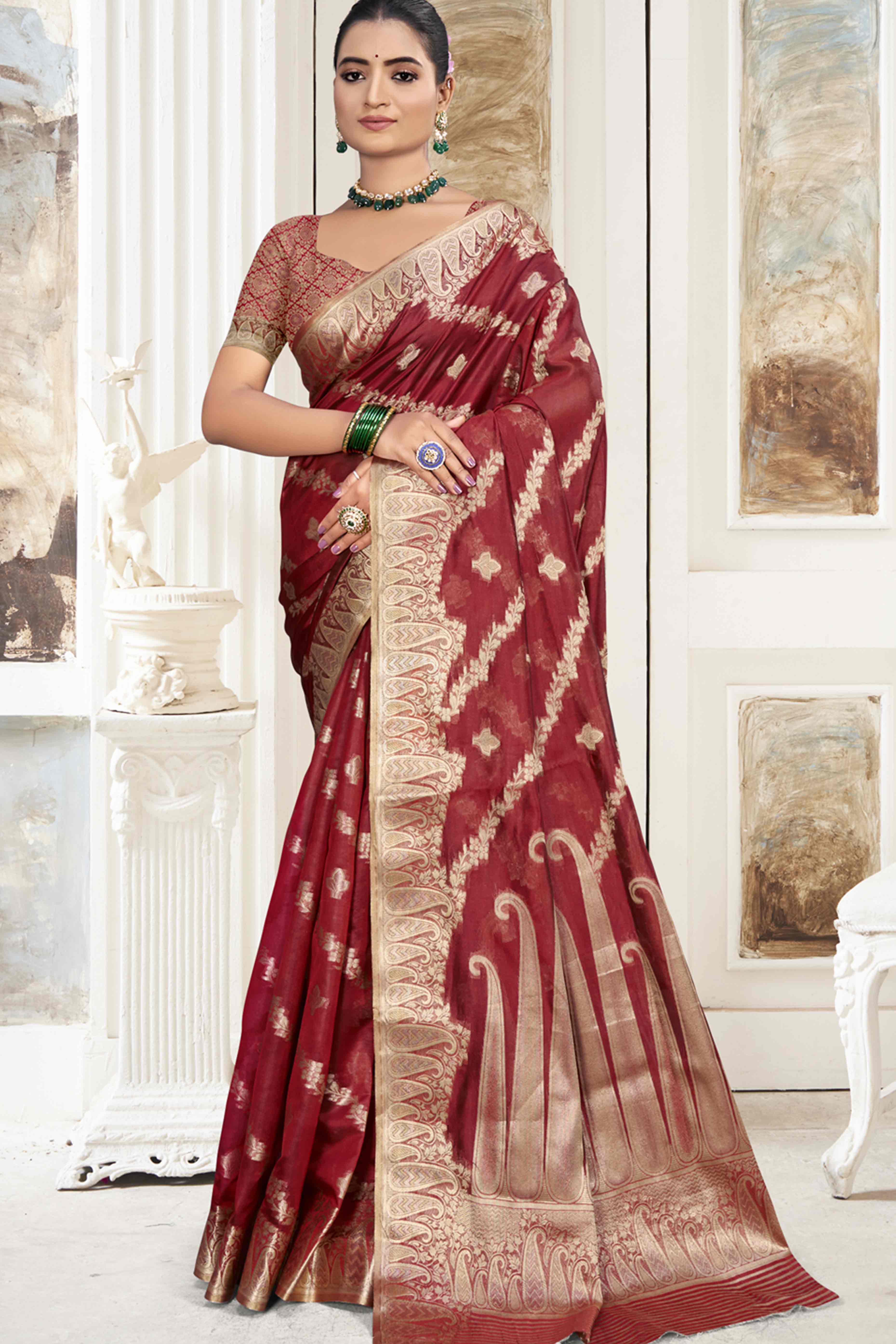 Maroon Floral With Paisley Pattern Zari Woven Organza Saree
