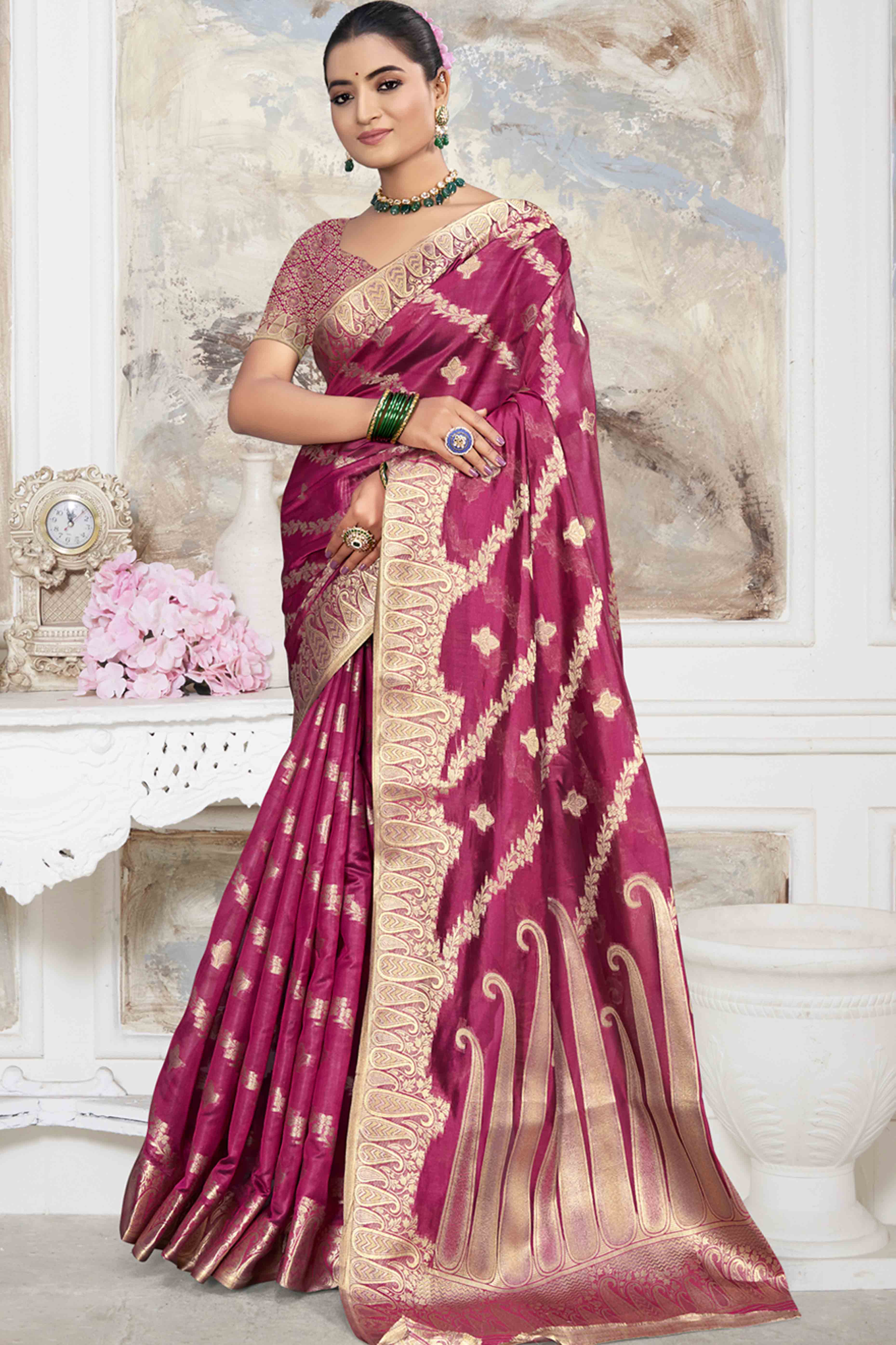 Dark Magenta Floral With Paisley Pattern Zari Woven Organza Saree