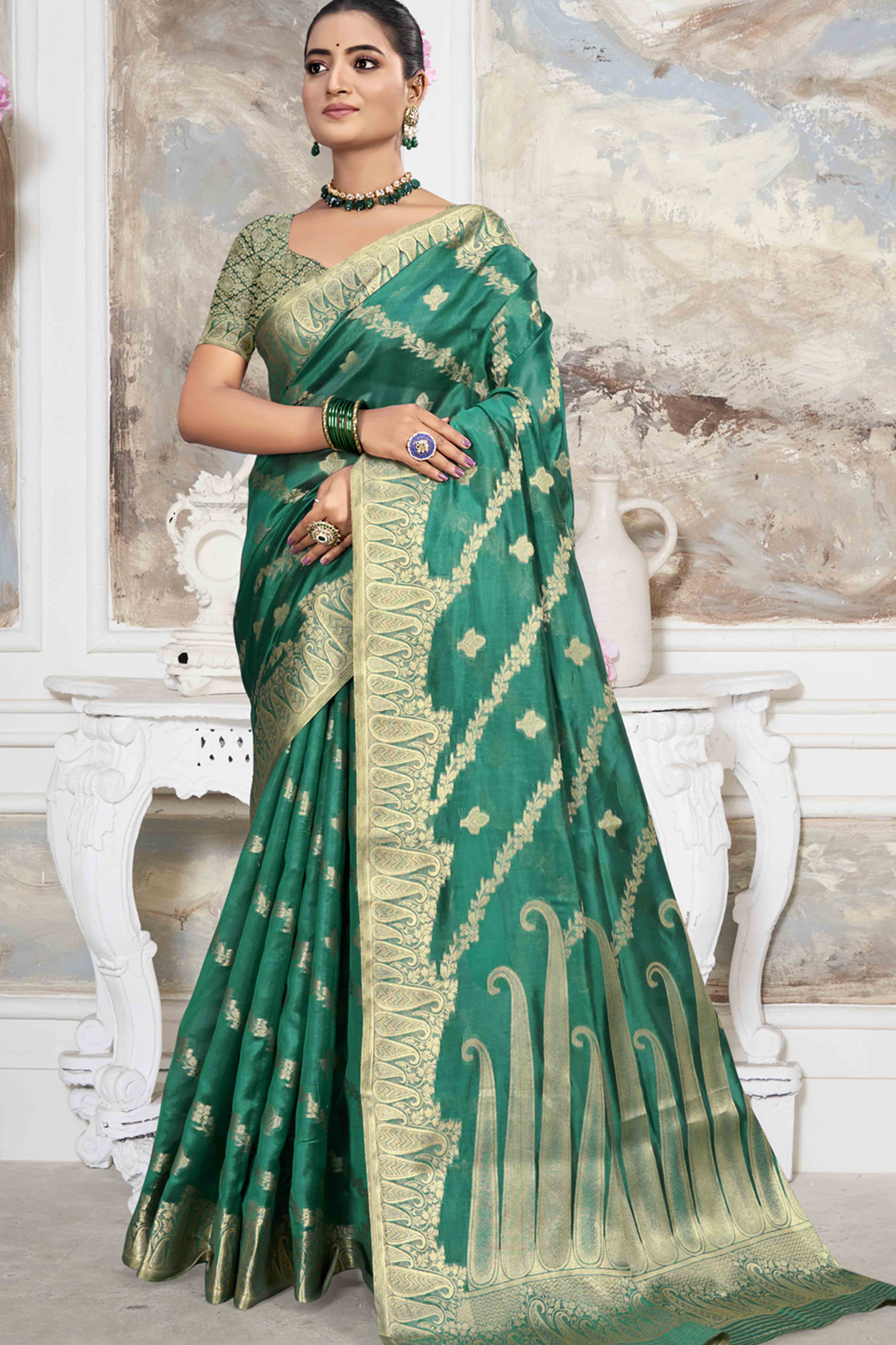 Rama Green Floral With Paisley Pattern Zari Woven Organza Saree
