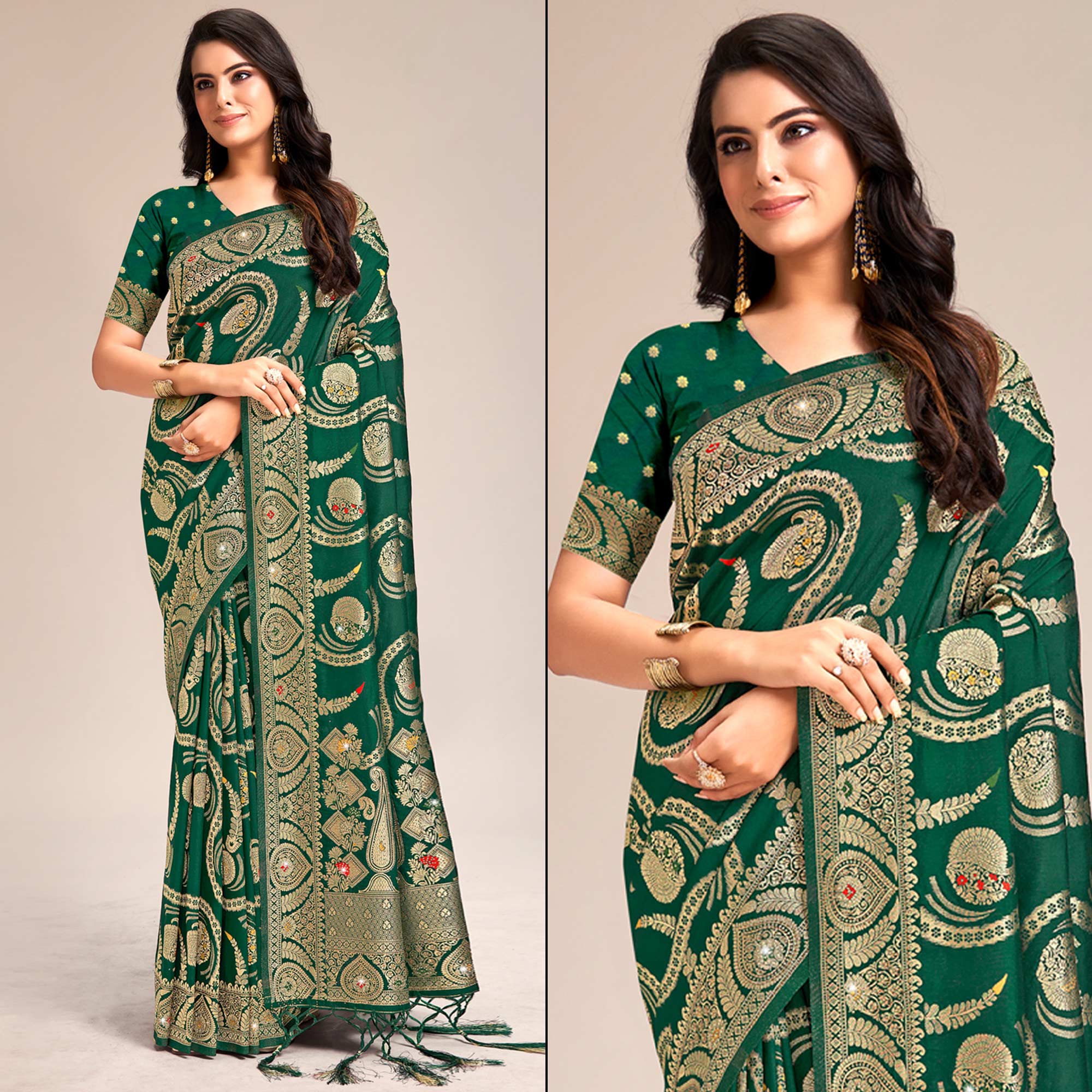 Dark Green Woven Banarasi Silk Saree With Tassels