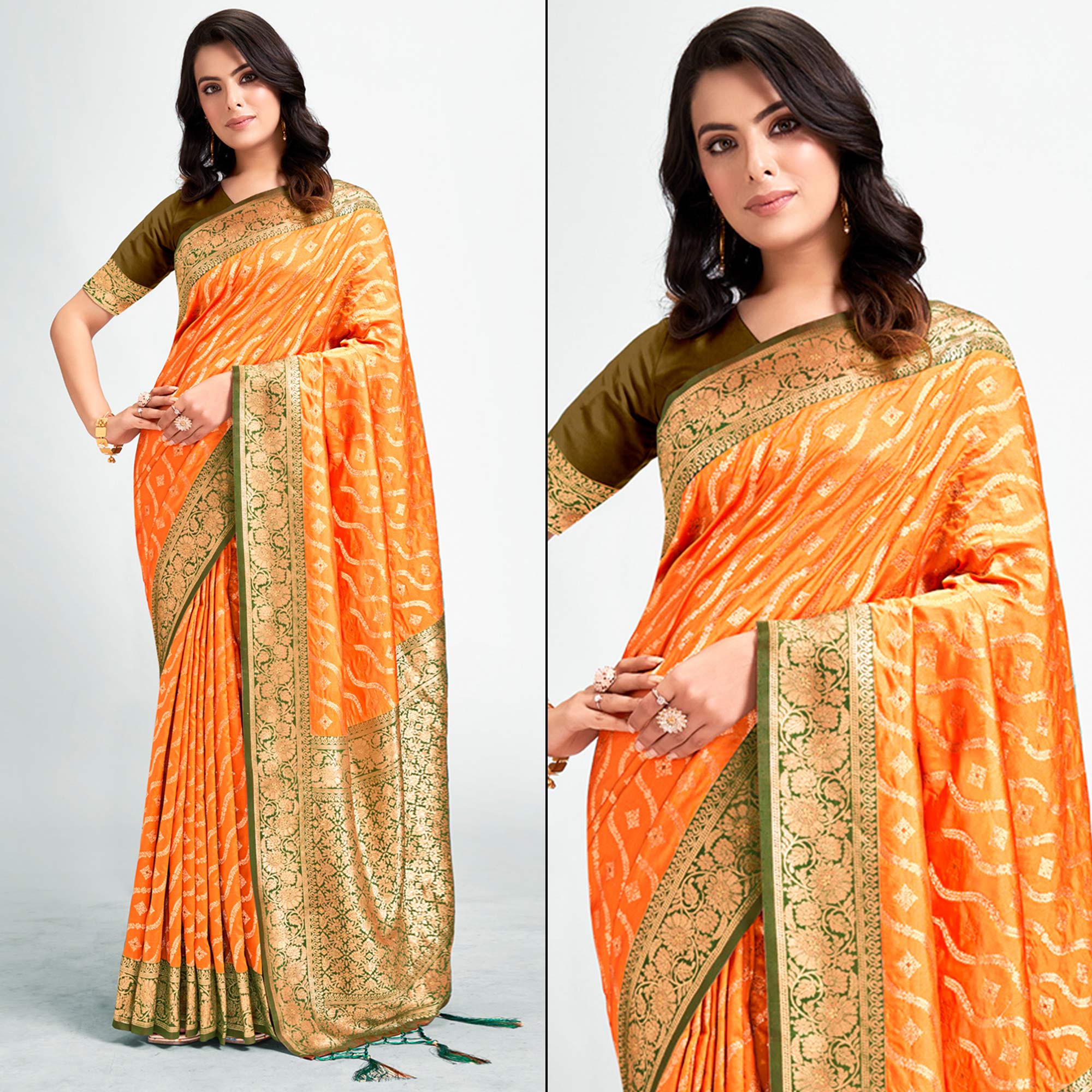 Orange Woven Banarasi Silk Saree With Tassels