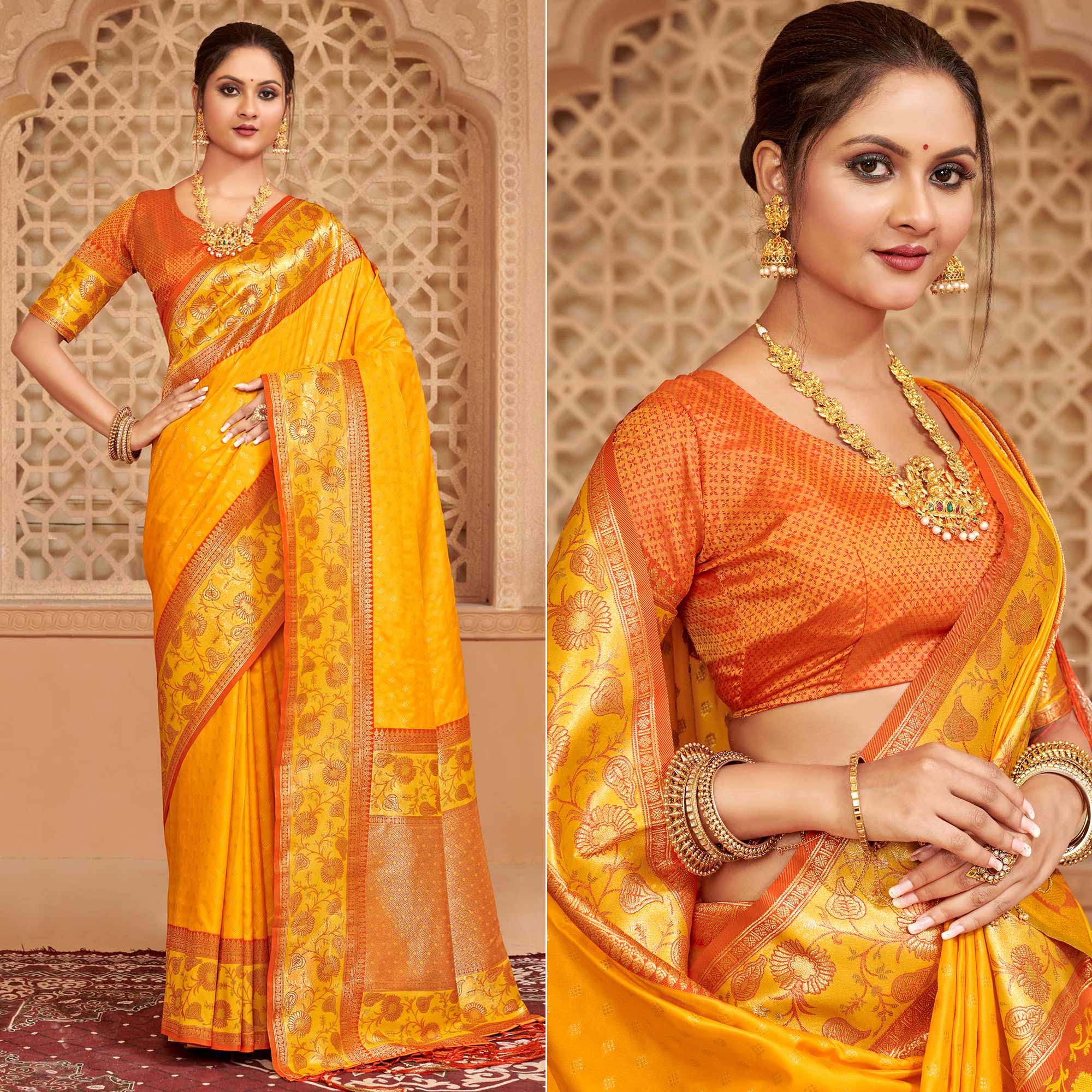 Yellow Floral Woven Banarasi Silk Saree With Tassels
