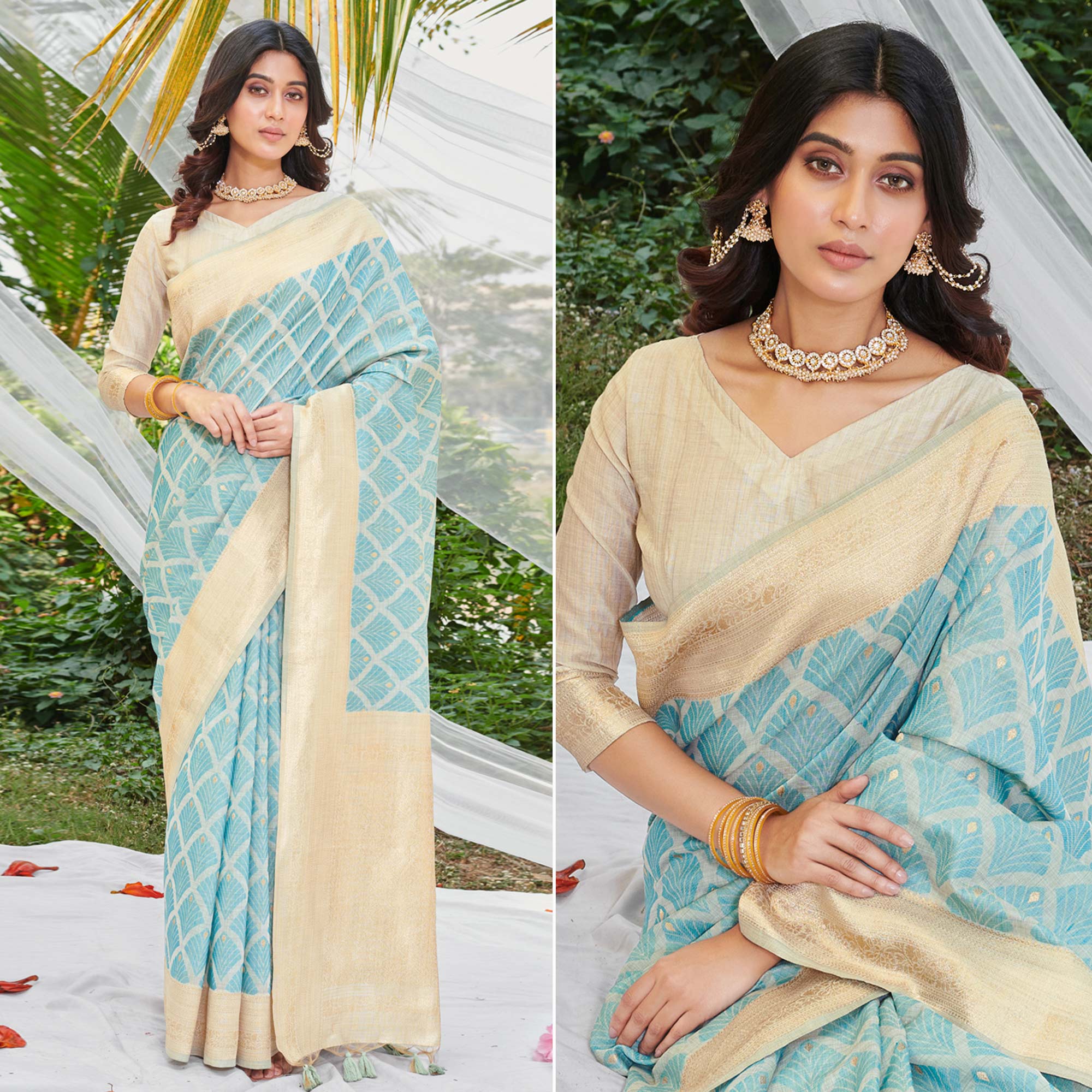 Sky Blue Woven Cotton Silk Saree With Tassels