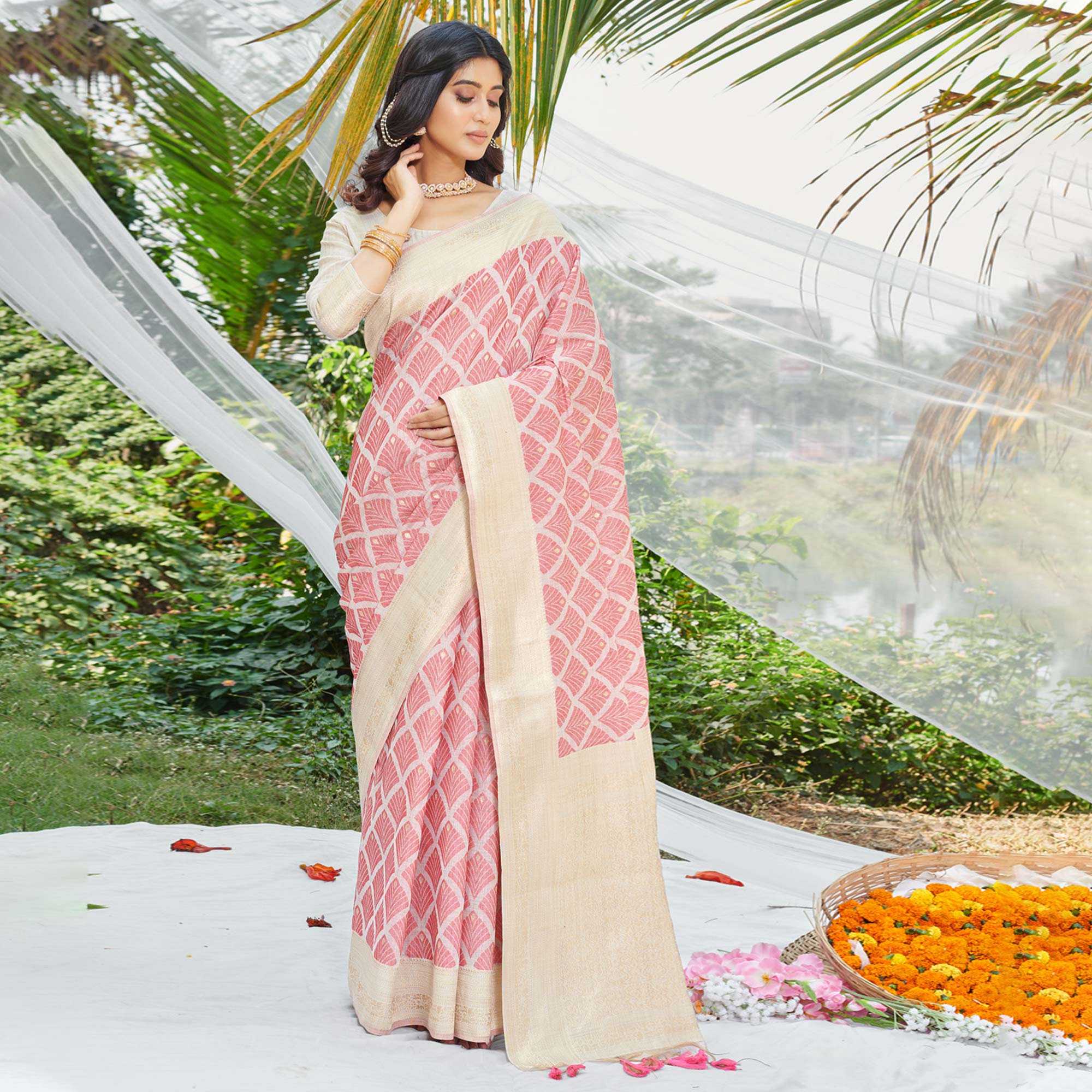 Red Woven Cotton Silk Saree With Tassels