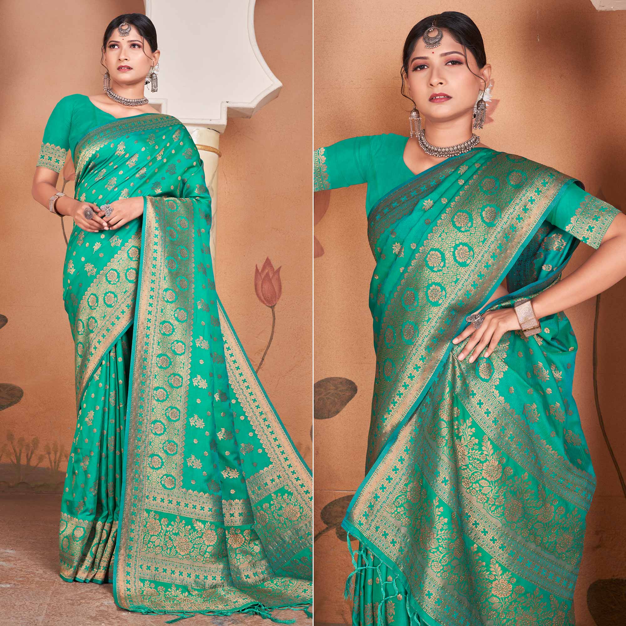 Rama Green Floral Woven Banarasi Silk Saree With Tassels