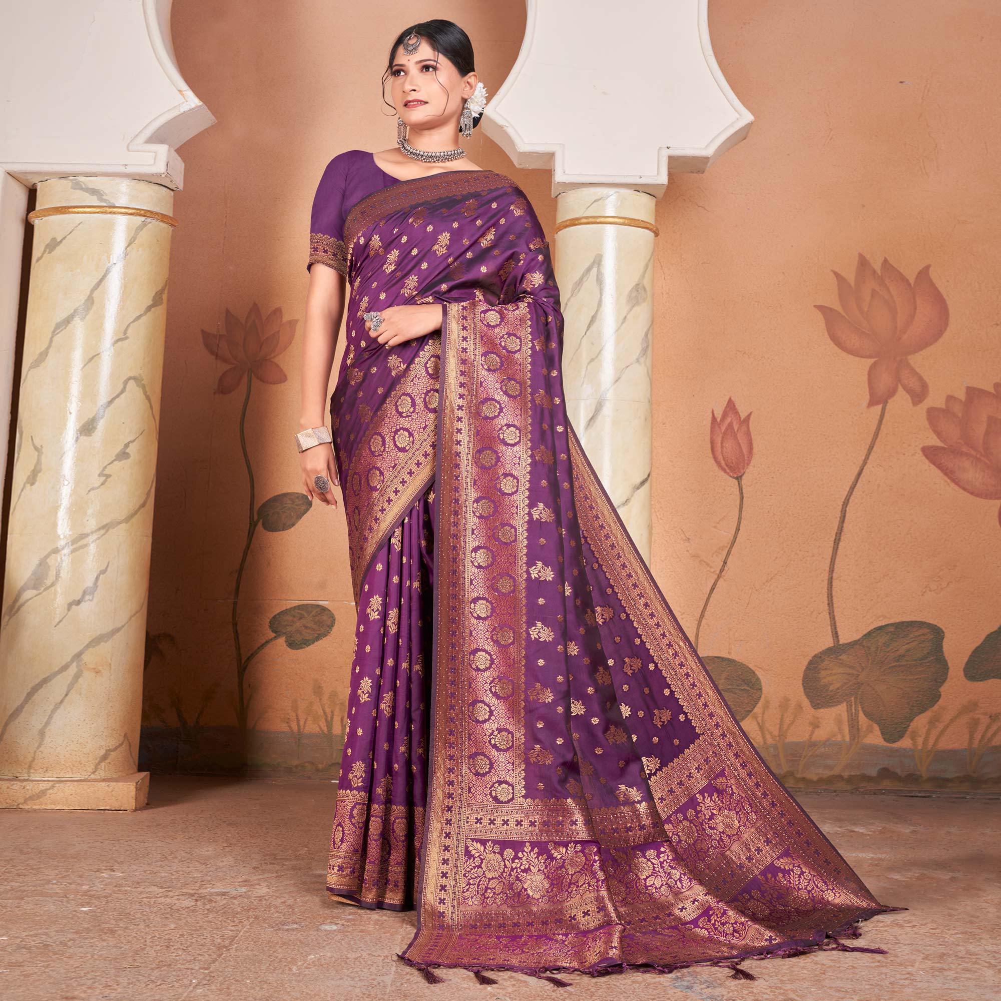 Purple Floral Woven Banarasi Silk Saree With Tassels